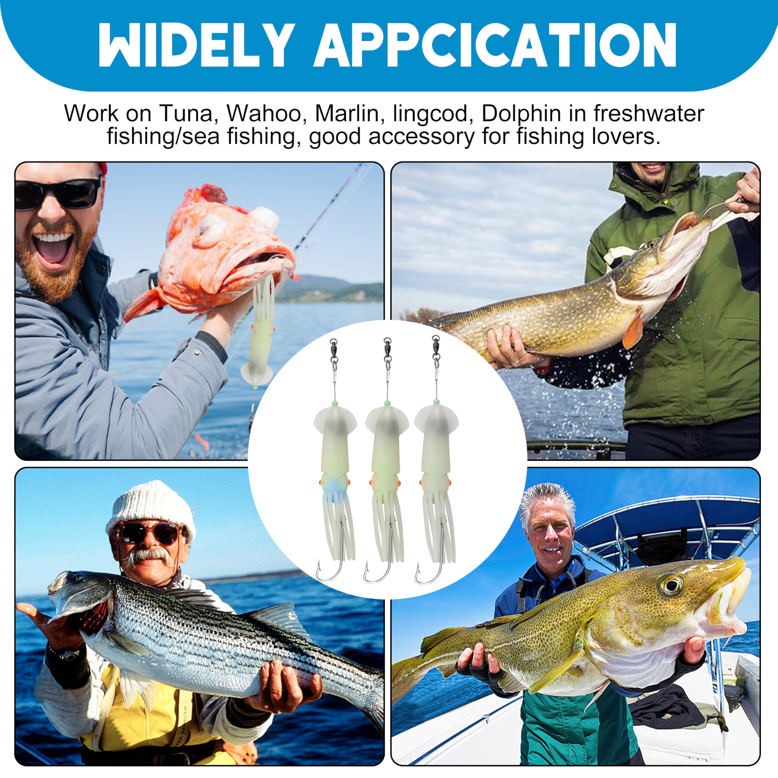 Señuelos de pesca de calamar de agua salada de 8 pulgadas, señuelos LED brillantes con 6/0 ganchos, luces de caída profunda, aparejo de halibut para atún, almizcle, caballa, salmón, surf, pesca en