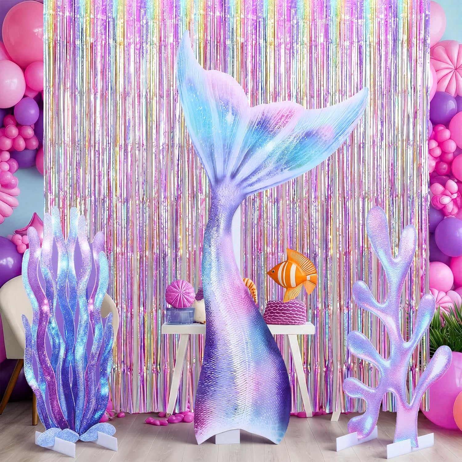 Thyle 5 Pcs Large Mermaid Party Decorations Photo Props Stand up Under the Sea Party Decorations Mermaid Tail Waterweed Cutouts Foil Fringe Curtain for Summer Ocean Birthday Baby Shower Favor