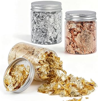 3 Bottles Gold Leaf Sheets, Decorative Gold Foil Flakes Set, Gold Silver Rose Gold Leaf Flakes, 3g Each Jar for Resin Art, Nail Art, DIY Crafts, and Home Decoration