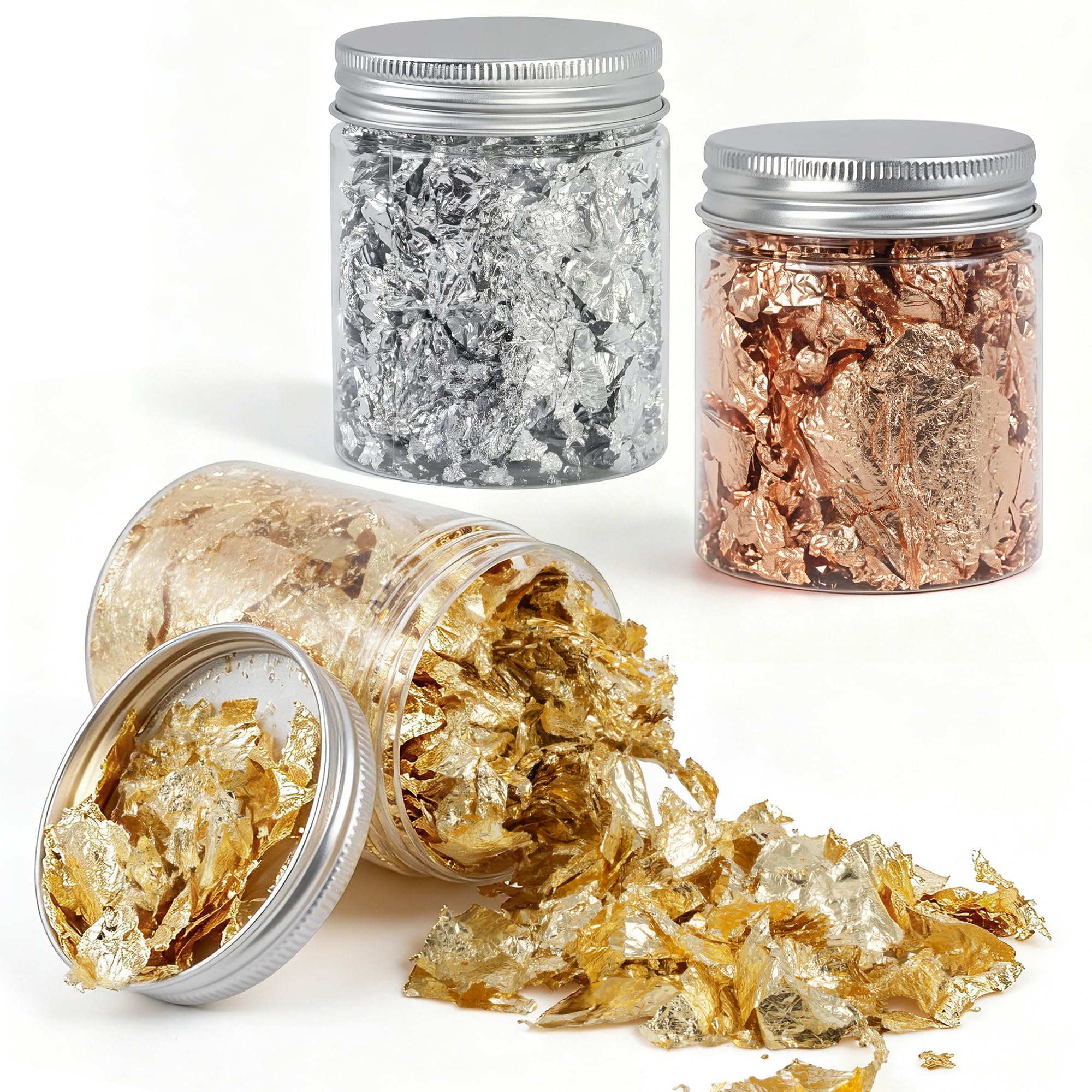 3 Bottles Decorative Gold Leaf, Gold Foil for Nails Gold, Silver, Rose Decorative Foil Flakes for Resin Nail Art Painting Crafts Jewelry Making and DIY Crafts 3g/Bottle