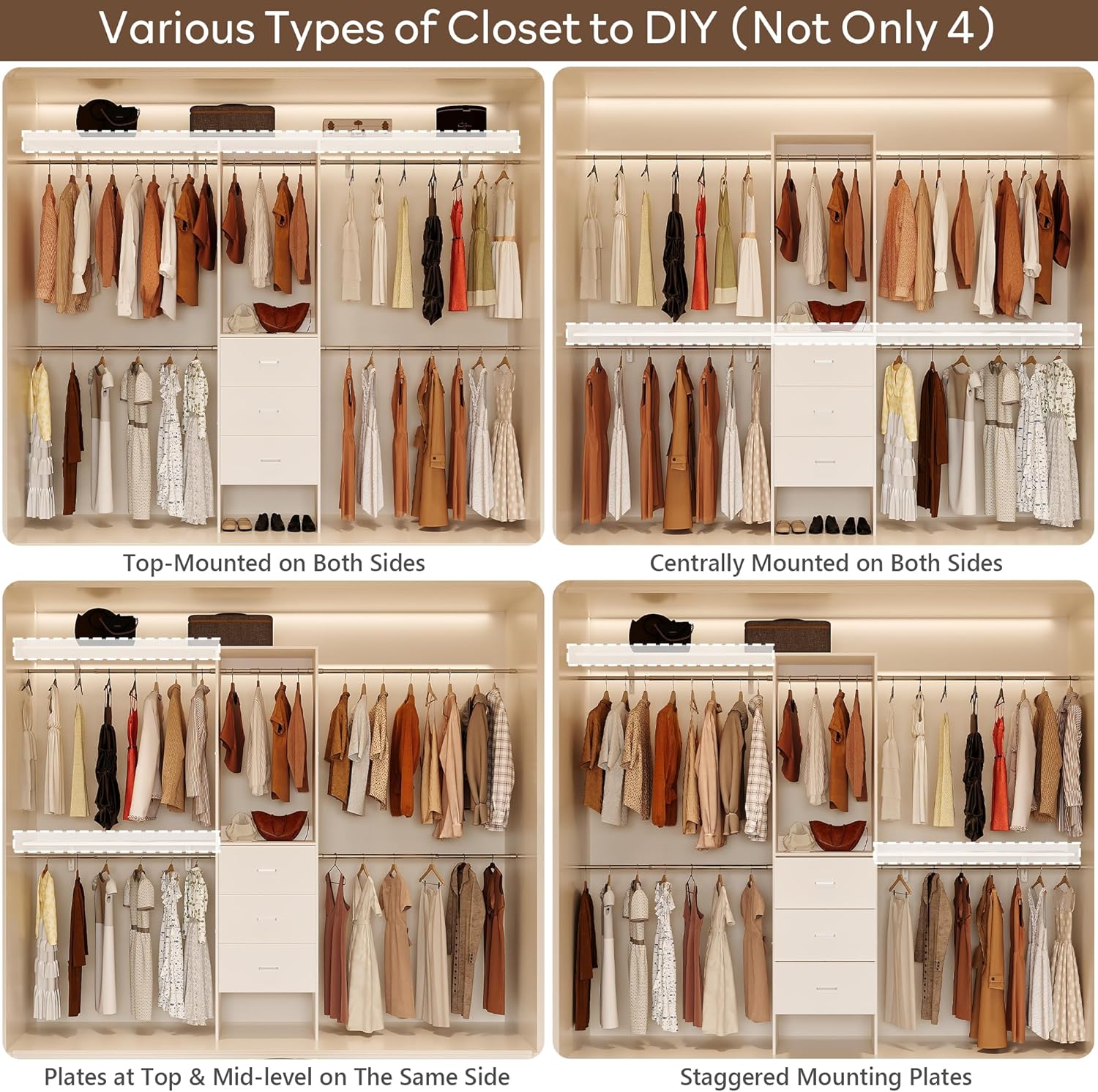 LINLUX 8FT Closet System 94'' Closet Organizer with 3 Drawers,4 Extendable Hanging Rods,Wood Closets Built In System Tower with Adjustable Shelves,Walk-in Closets Wardrobe Clothes Garment Rack(White)