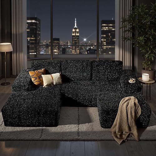 114" Cloud Sectional Couches with Ottoman,U Shaped Boneless Couch in A Box,Deep Seat Modular Sectional Sofa with Comfy Chaise No Assembly Required,Black
