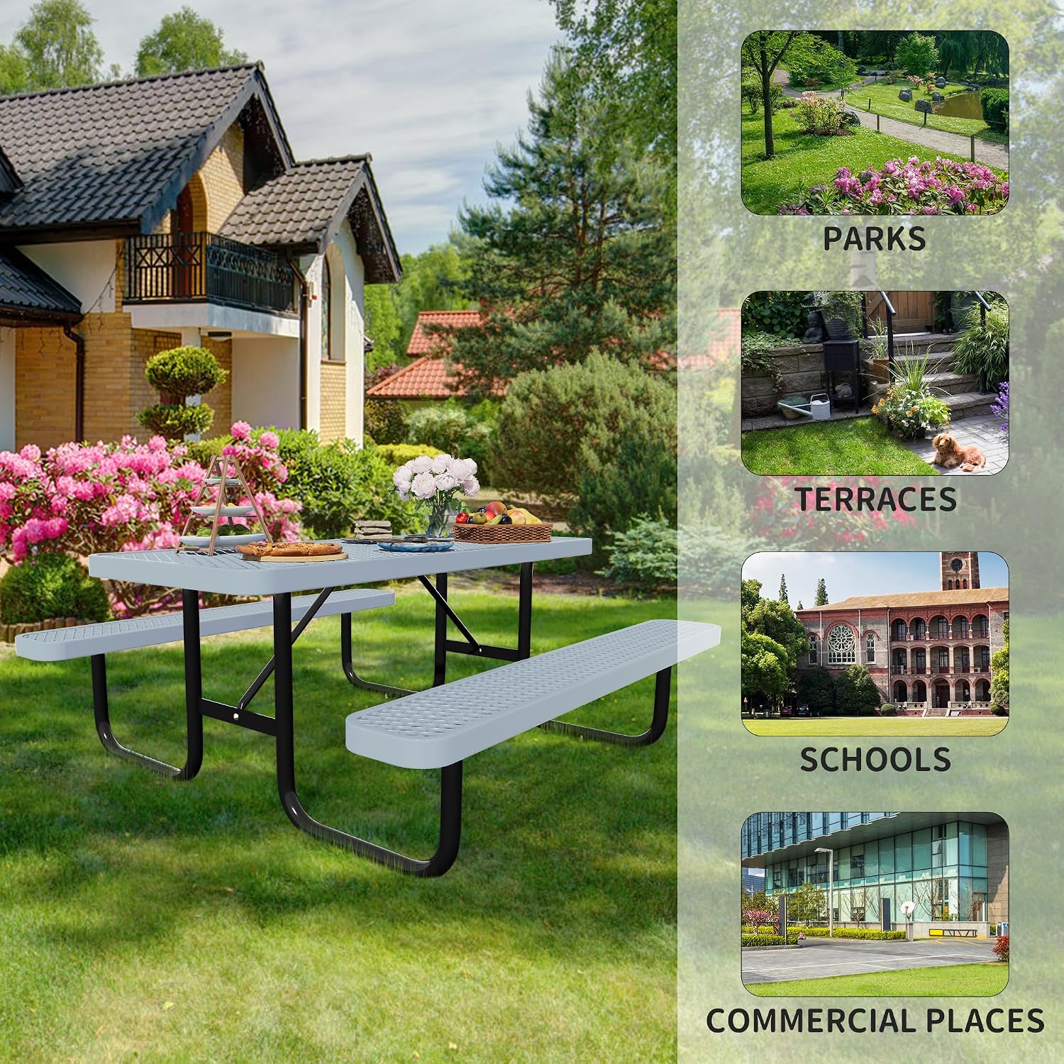 Picnic Tables for Outdoors,Commercial Metal Picnic Table Bench Set with Umbrella Hole,School Canteen Tables W/Seats - Heavy Duty Sturdy Picnic Tables Furniture for Patio Garden (Grey, 6FT)