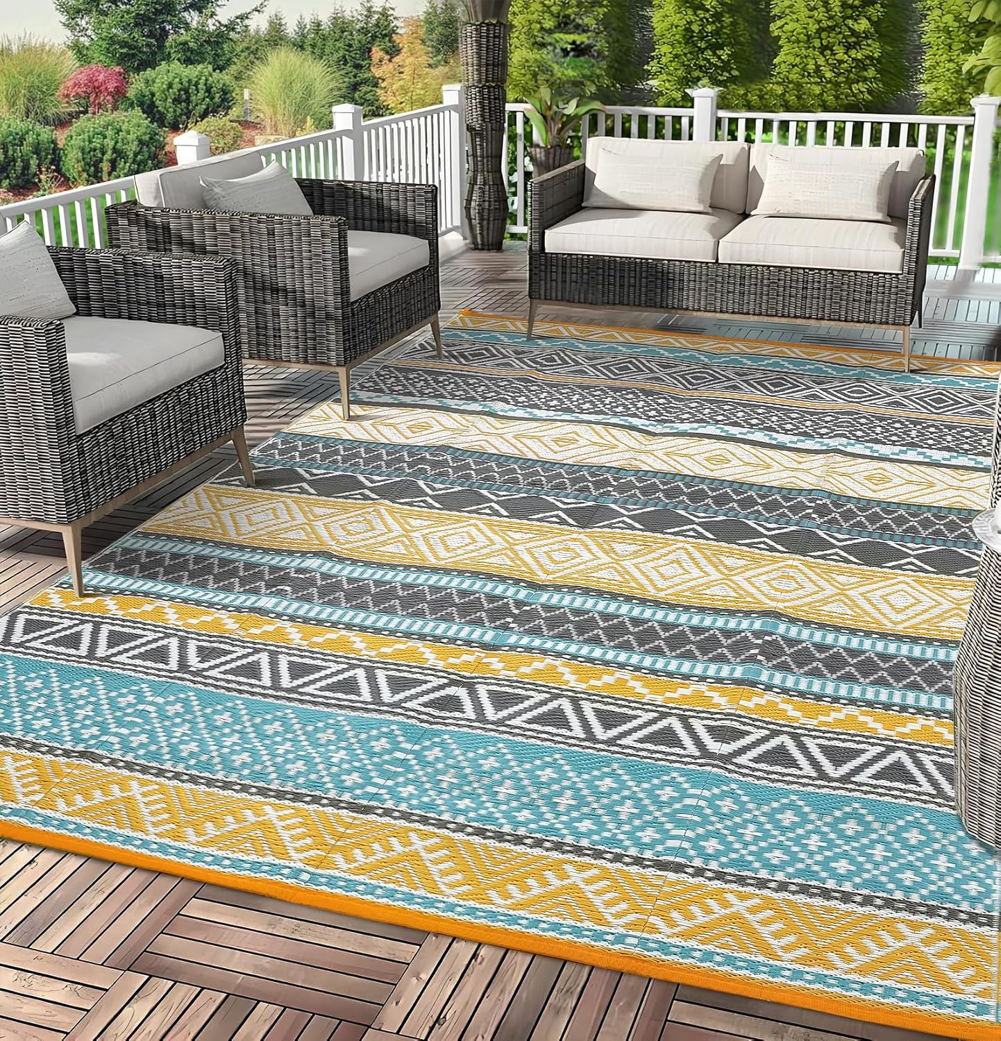 COZYLOOM Outdoor Rug 9x12 Waterproof Large Outdoor Camping Rug Reversible Rv Patio Mats Black Gray Outdoor Plastic Straw Outdoor Rugs Clean Easily Large Patio Mat for RV, Deck, Camping,Teal & Yellow