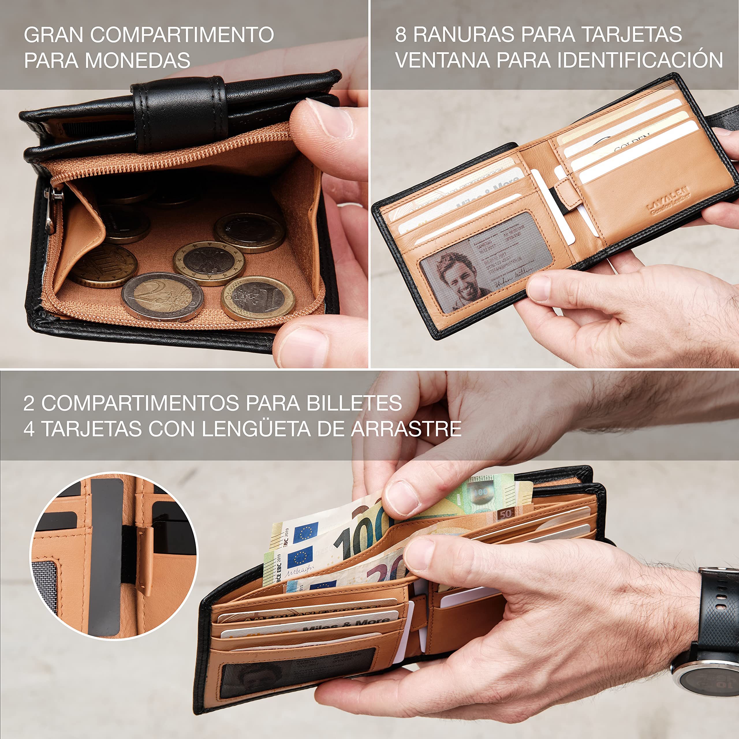 Carteras para Hombre RFID Piel Auténtica - Cartera Hombre con Monedero Gran Capacidad Hecho a Mano - Billeteras para Hombre - Cartera Piel Hombre Joven - Regalos Originales.…