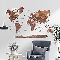 Vista 5 de AWESOMETIK Mapa del mundo de madera 3D de roble, mapa del mundo 3D, fácil instalación con cinta de doble cara, incluye complementos, madera