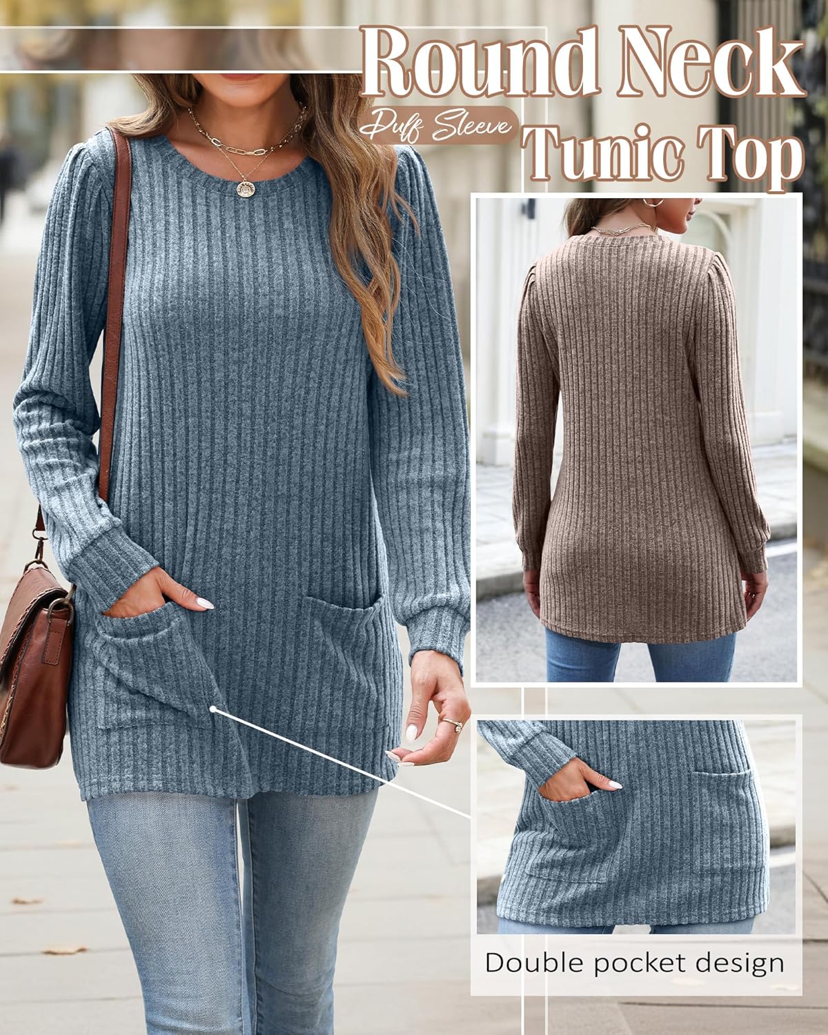 3 Pack Women's Long Sweaters with Pockets, Puff Long Sleeve Tunic Tops Crew Neck Ribbed Pullovers for Leggings - Image 5