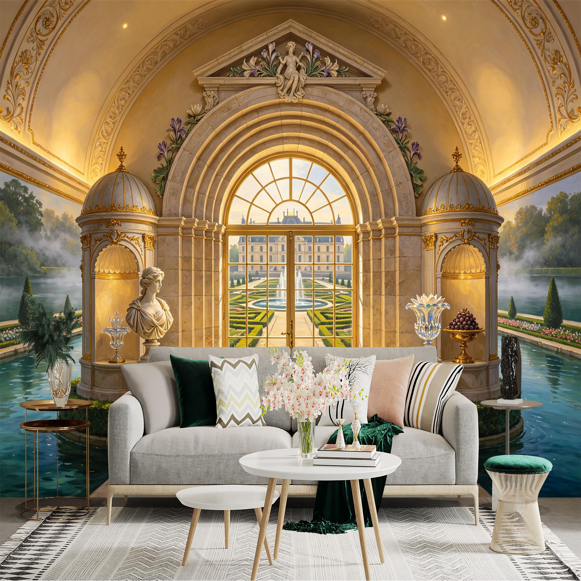 Custom Size Wall Sticker Mural， Luxury Palace Archway with Garden Fountain and Classical Interior， for wall Decoration， peelandstick wall Decals.
