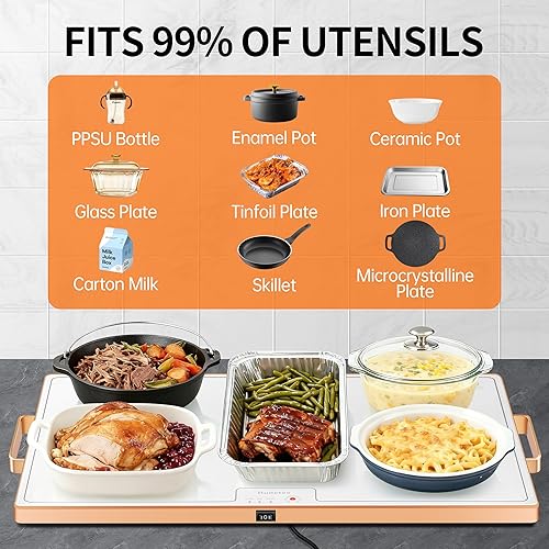 Miniatura 5 de Tapete de calentamiento de alimentos (XL 24 x 16 pulgadas), calentadores de alimentos para fiestas, bufé y uso diario, superficie completa, cálida