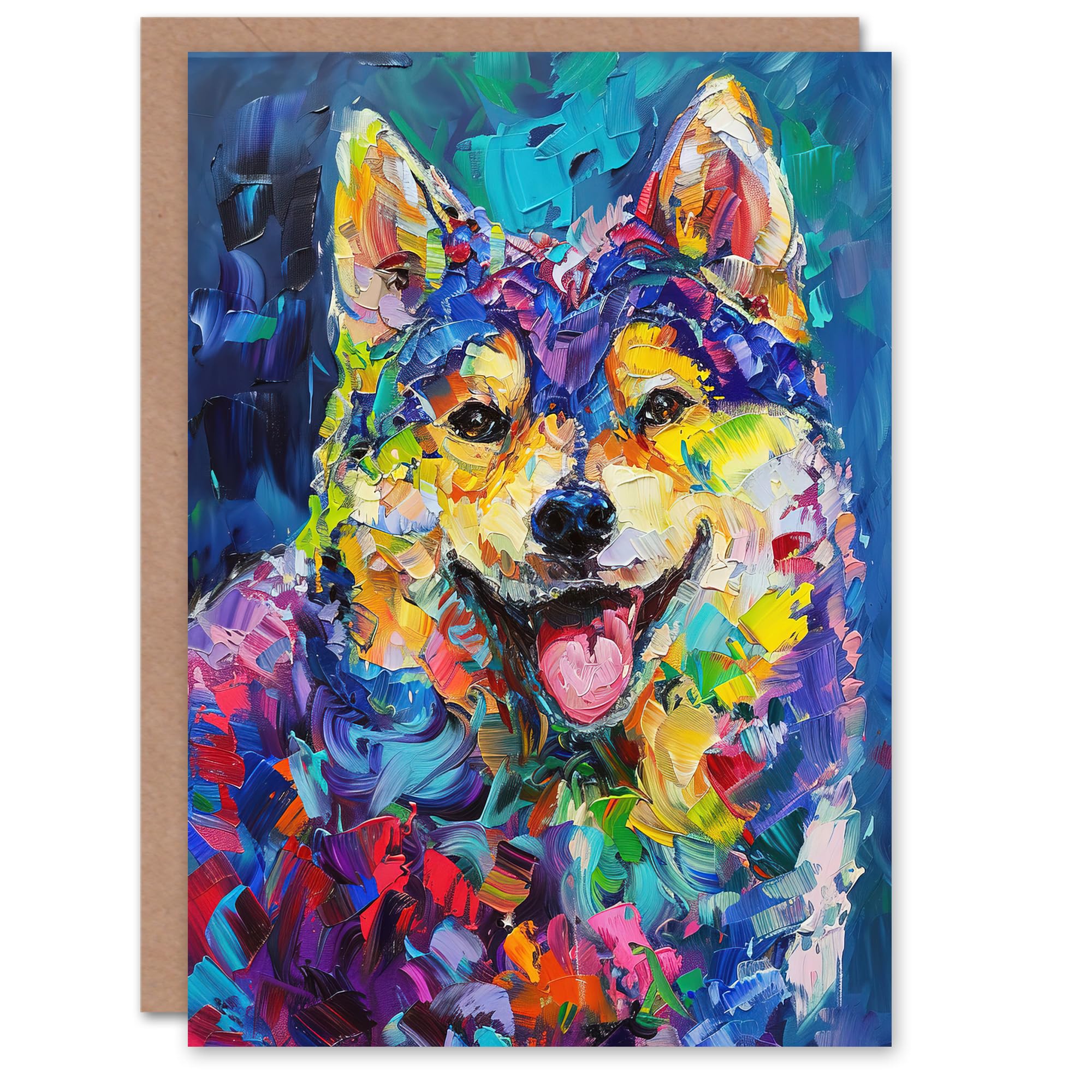 Artery8 Greeting Card Rainbow Shiba Inu Dog Lover Portrait Thick Paint Blank For Him Or Her Art Birthday Card