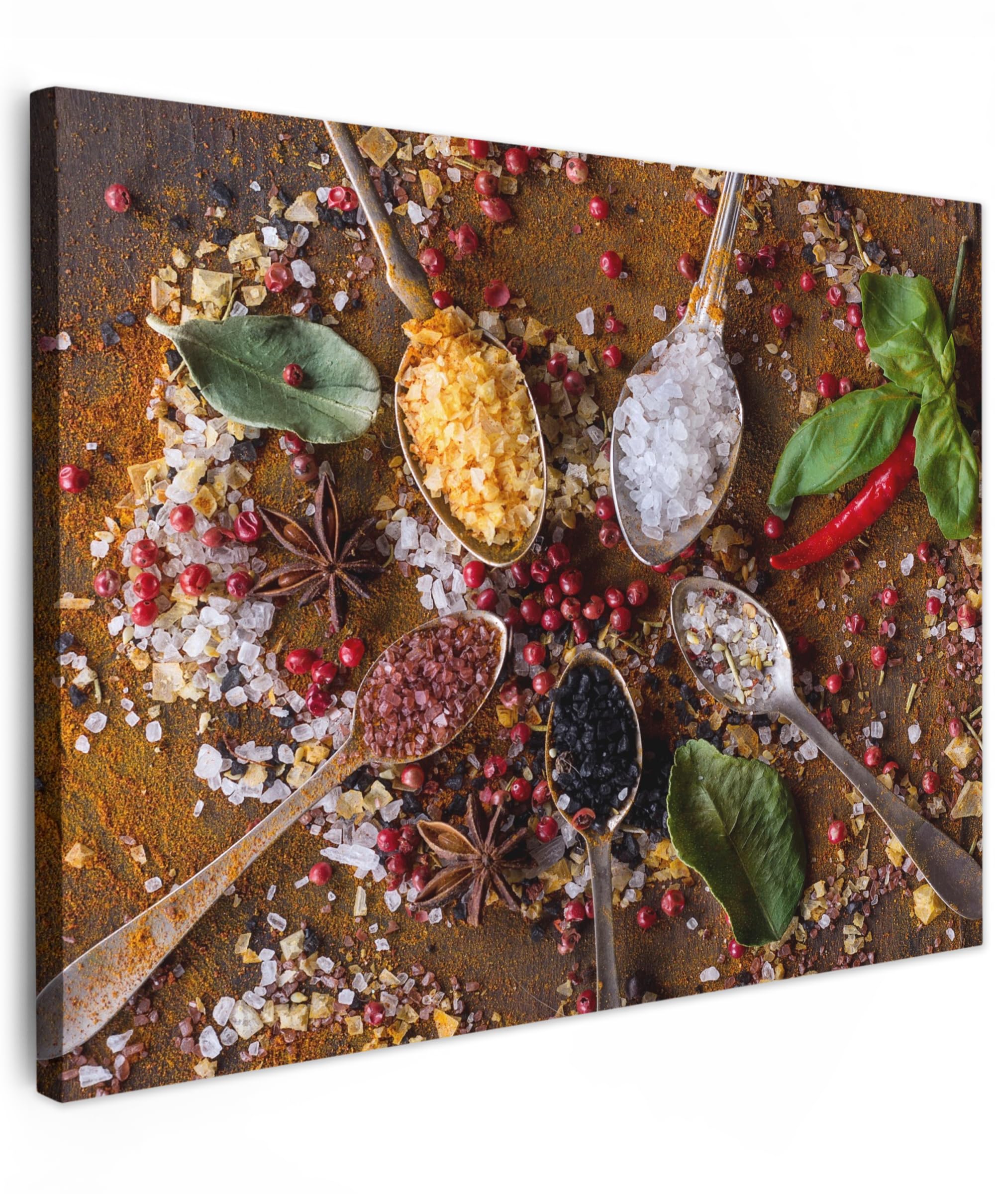 MuchoWow© Leinwandbilder 40x30 cm Wall Art Decoration Bilder für die Wand Deko Canvas Wanddekoration Wohnzimmer Bild Küche - Gewürze - Kräuter - Löffel - Salz - Braun - Lebensmittel