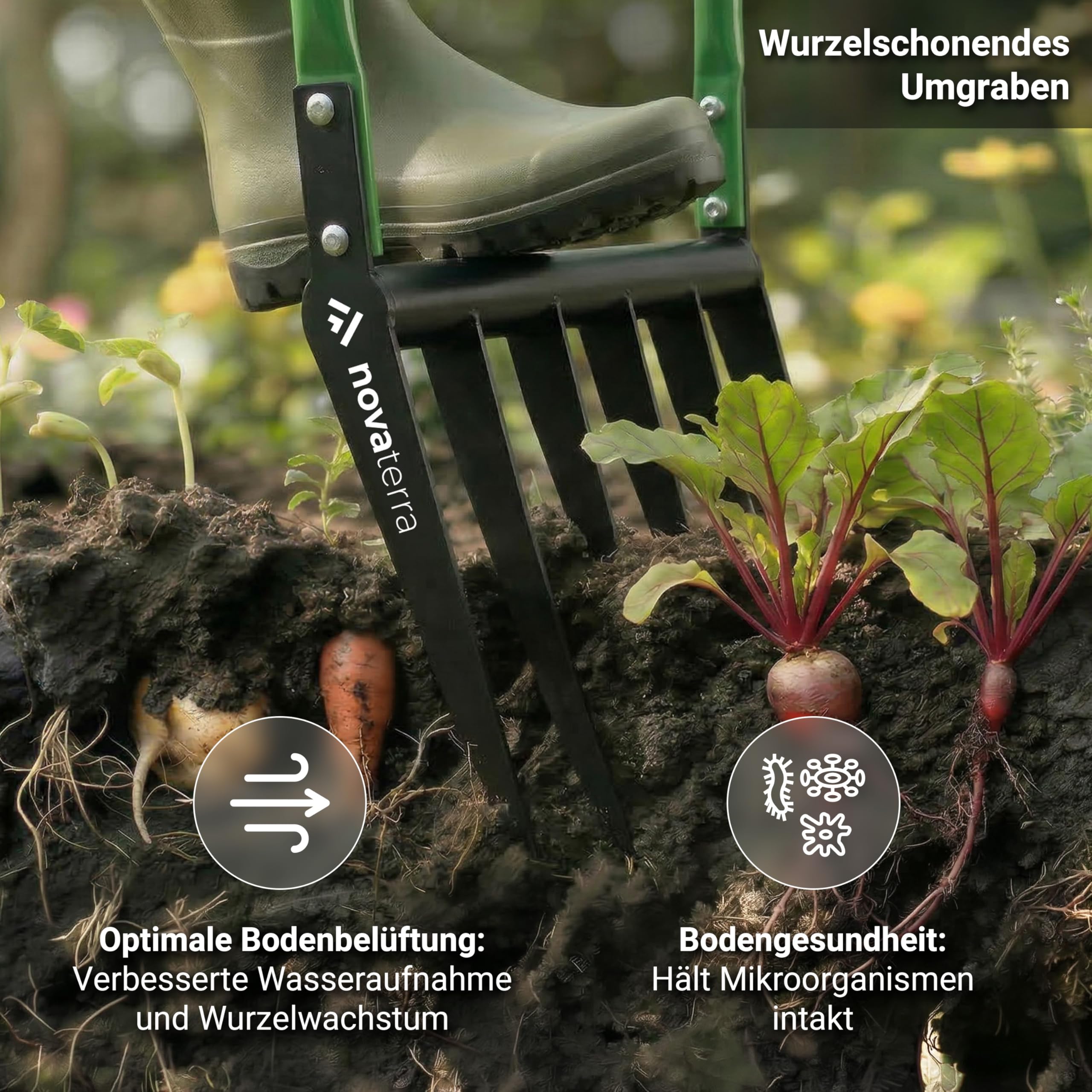novaterra Horquilla prémium con 6 púas – Horquilla ergonómica Broadfork – aflojamiento del suelo que protege la espalda y cavar eficientemente – Tenedor de jardín robusto para macizos de flores