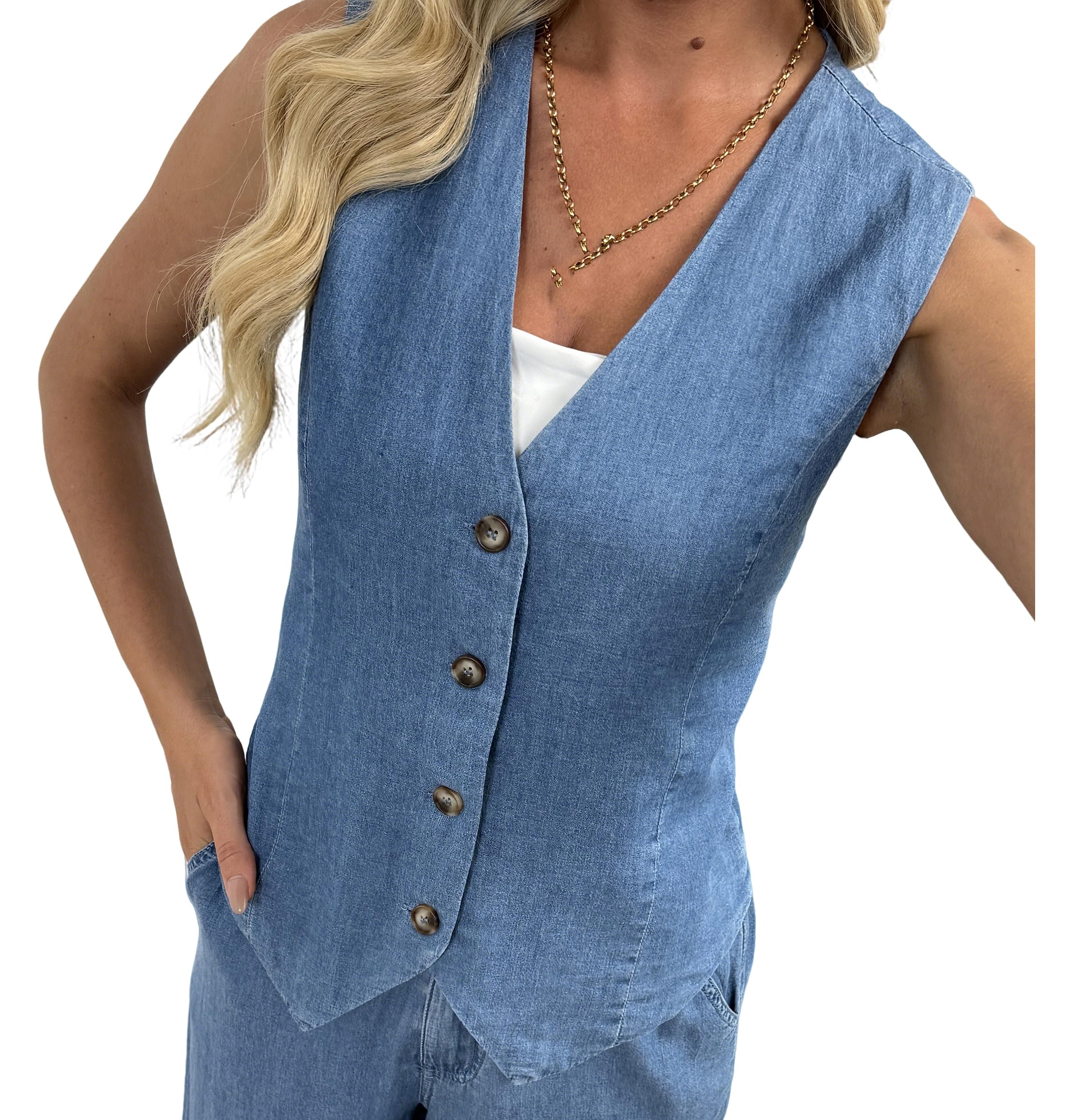 heipeiwa Womens Denim Vest Button Down Sleeveless V Neck Waistcoat Summer Jean Vest Tops Suit Blazer
