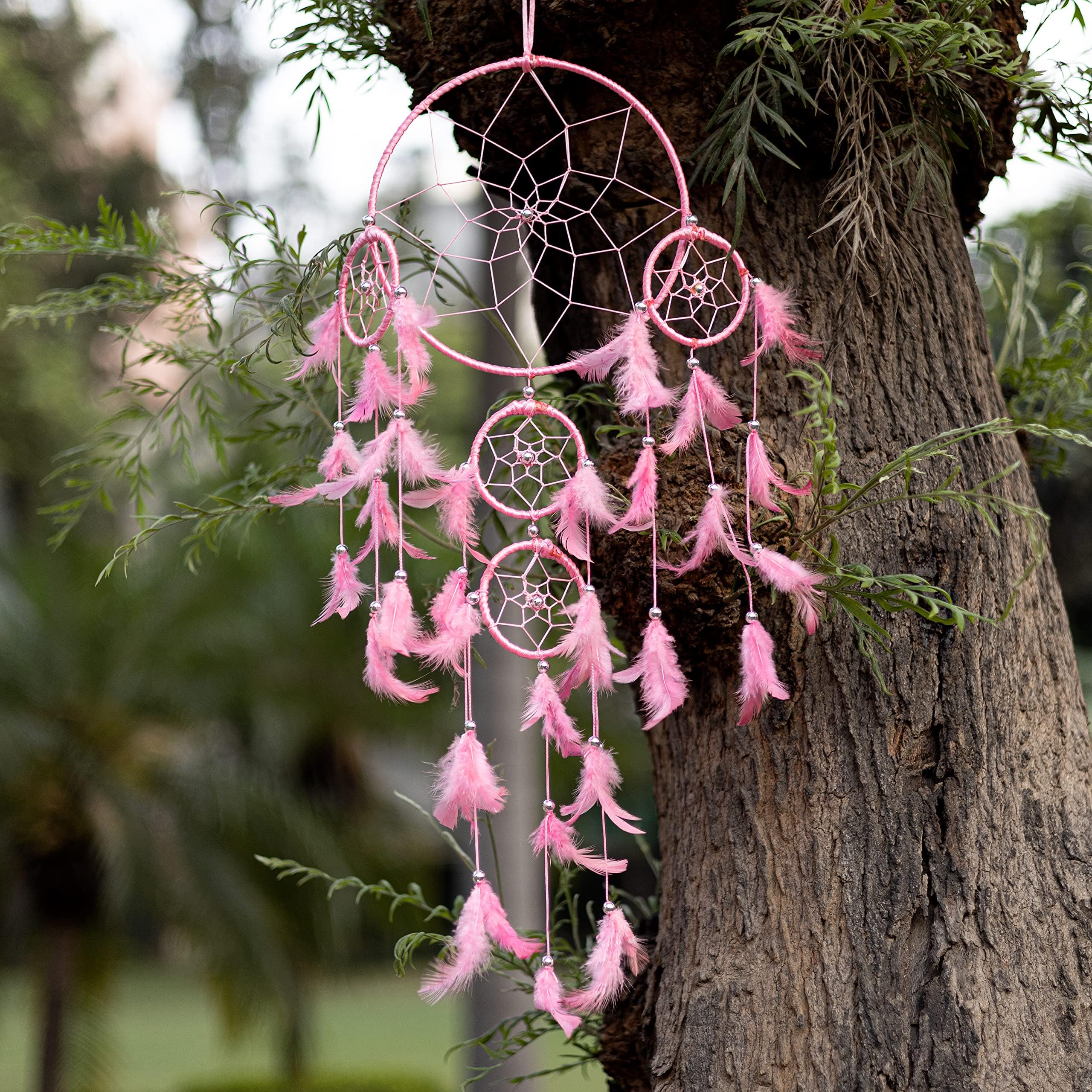 DULI Dream catcher Wall Hanging for Bedrooms, Home Decor Wall Hanging Design, Girls Room, Nursery, Garden, Restaurants, Cafe, & Party, Dreamcatcher Wall Art Decorative Height 75 cm (5RingDC- PastelPink)