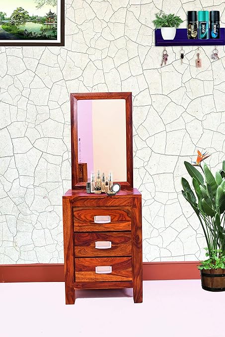 Furniseworld Solid Sheesham Wood Dressing Table with 3 Drawer Storage Wooden Mirror Table for Living Room Bedroom Home (Provisanal Teak Finish)