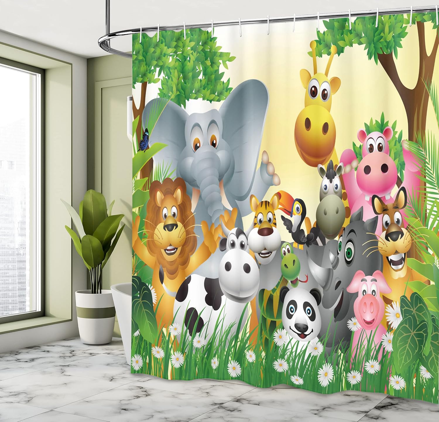 Ambesonne Animal Shower Curtain, Animals in Jungle Giraffe Panda Bear Pig Lion Hippo Animation Cartoon Art, Cloth Fabric Bathroom Decor Set with Hooks, 69" W x 75" L, Green Multicolor
