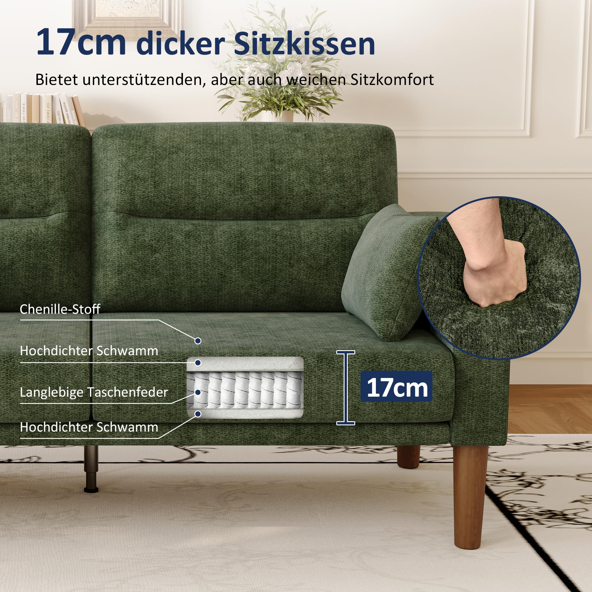Vipbear Sofa 3 Sitzer Klein,174 cm, Grün Chenille-Stoff Sofas mit 2 Kissen, Modernes Couch mit Wide Armlehnen und Klapptisch, Extra Tiefe Sitze, Gästesofa für Wohnzimmer, Apartment, Büro
