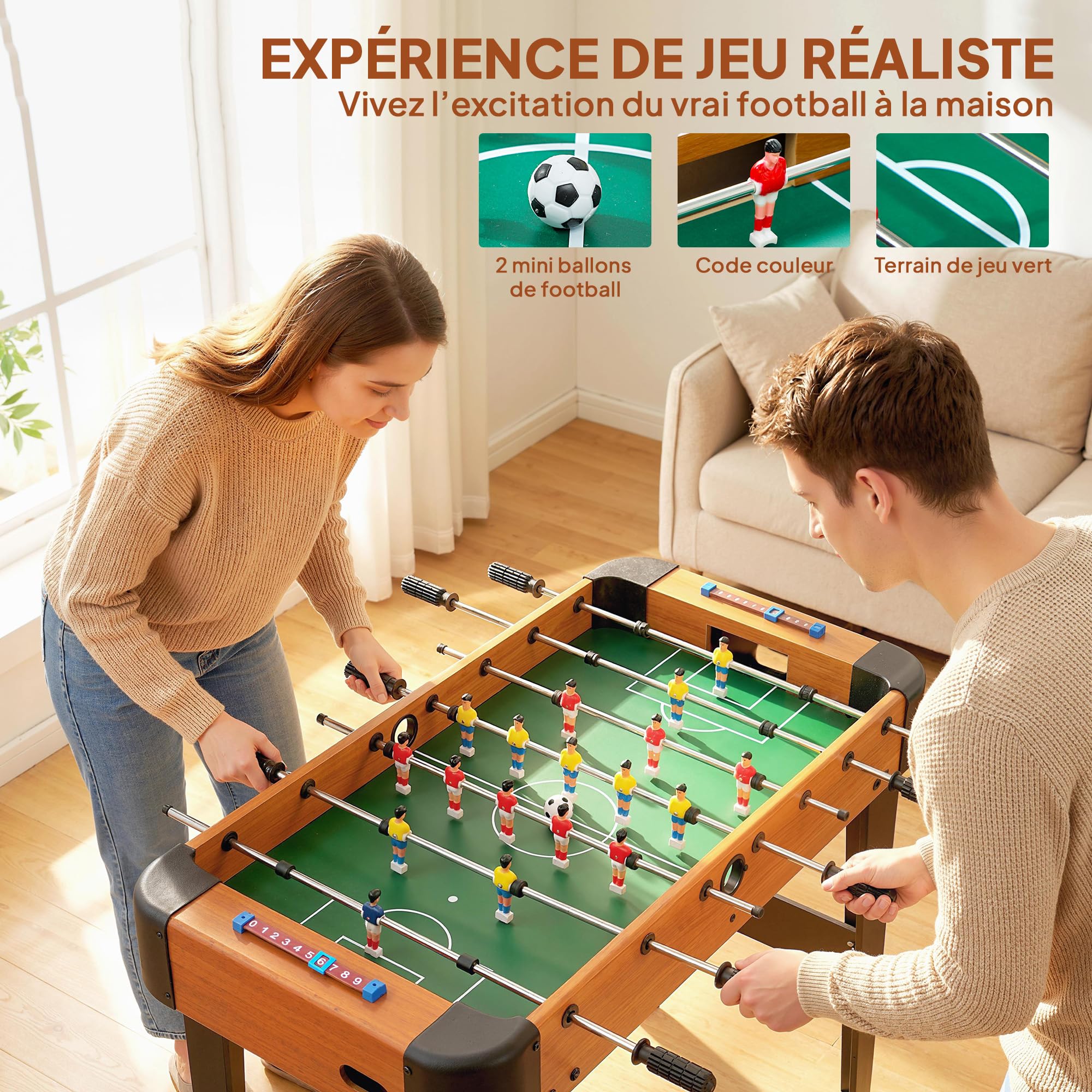 SPORTNOW Baby-Foot pour Enfants et Adultes, 22 Joueurs, 2 balles, compteurs manuels et poignées antidérapantes, Table de babyfoot sur Pieds pour la Famille et Le Cadeau, 92 x 75 x 71 cm, Marron