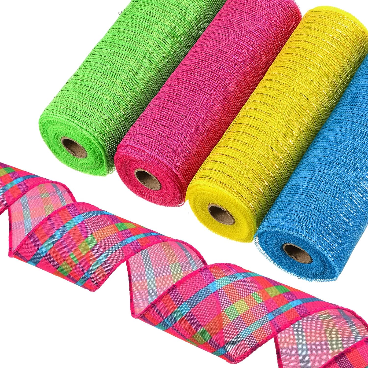 Unittype 5 Rolls Easter Poly Mesh Ribbons and Wired Edge Ribbons, 10 Inch x 10 yd Metallic Mesh Ribbon 2.5 Inch x 10 yd Satin Ribbon for DIY Craft Party Decoration(Pink Yellow Blue Green,Plaid)