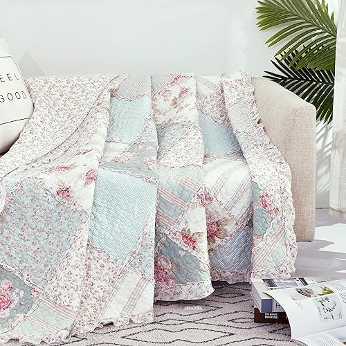 DaDalogy - Manta de retazos de algodón, diseño floral, reversible, con un toque de menta, delicada, shabby chic, floreciente botánica, con volantes, DaDalogy - Manta de retazos de algodón, diseño floral, reversible, con un toque de menta, delicada, shabby chic, floreciente botánica, con volantes,