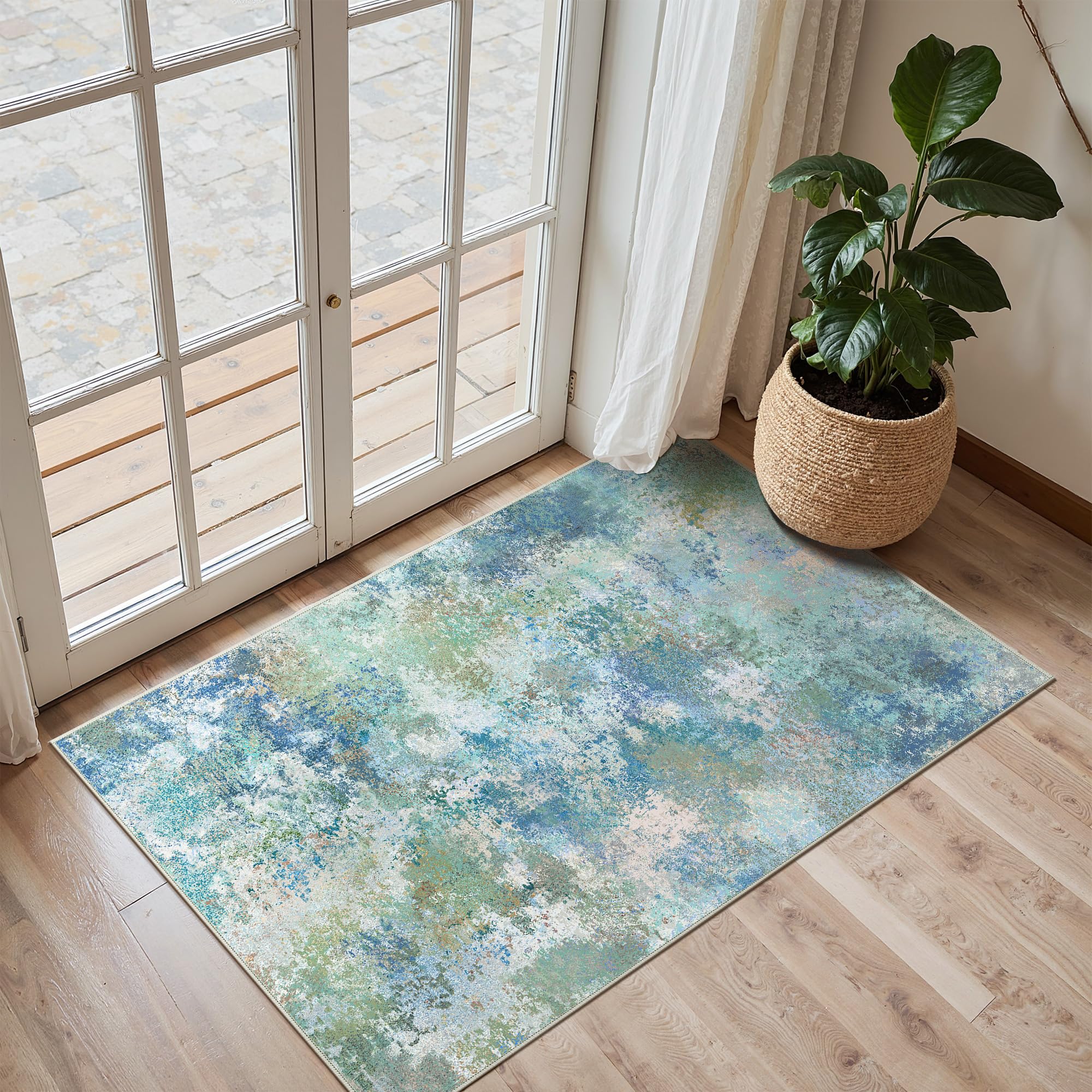 GENIMO Small Rug 60x90cm,Washable Abatract Thin Carpet with Non Slip Backing,Soft Short Pile Rug for Entryway,Bedroom,Aqua — image 1