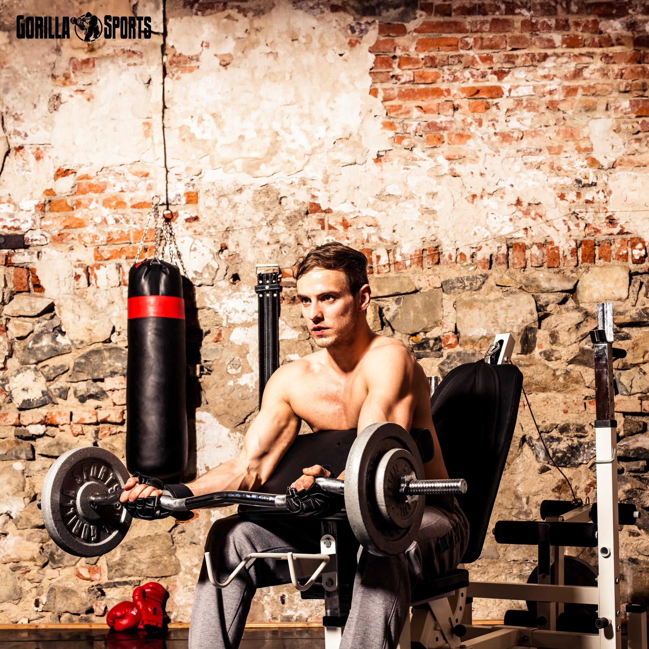 GORILLA SPORTS® Banc de Musculation Multifonction - Avec Kit d'Haltères de 108 kg - Réglable - Avec Plateau d'Haltères, Curlpult et Butterfly - Station de Dip