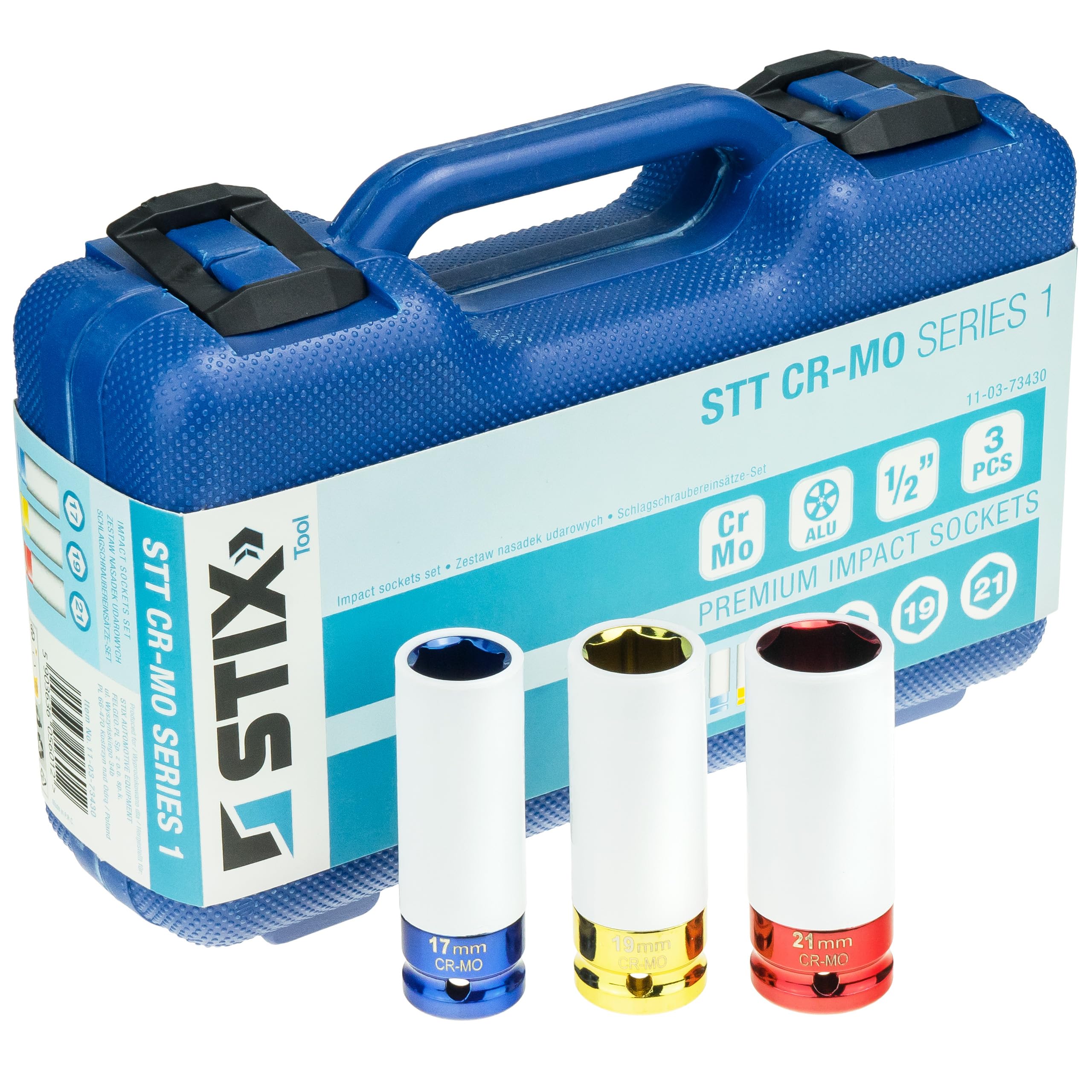 Stix STT-17 pneumatyczna wkrętarka udarowa 1700 Nm 1/2" 3 klucze nasadowe 19-21 mm – wysokiej jakości zestaw do wymiany opon z mocnym śrubokrętem udarowym i nasadkami CR-MO (CR-MO 17/19/21 mm)
