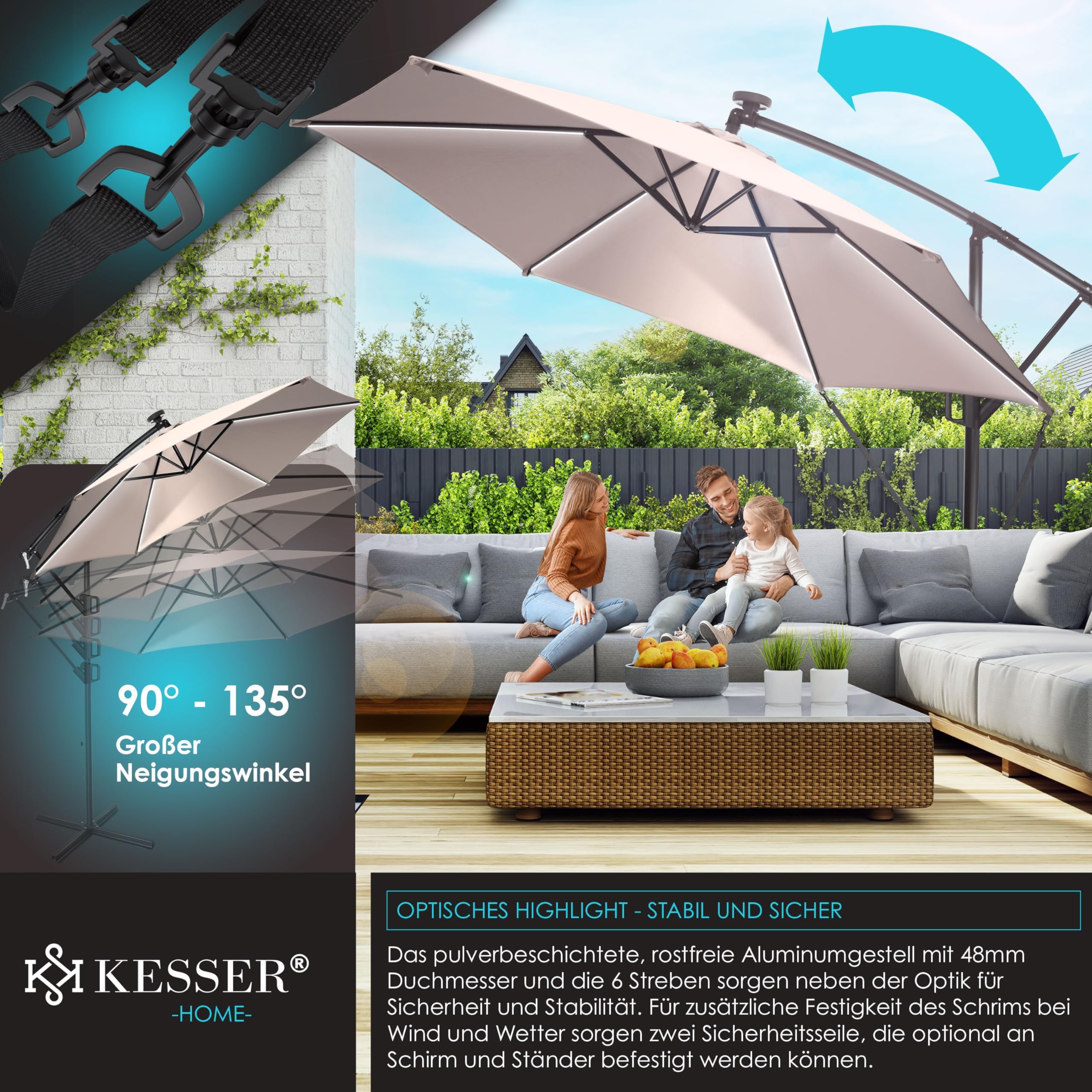 KESSER® ombrellone semaforico in alluminio ombrellone LED solare Ø300 cm / Ø350 cm + copertura con meccanismo a manovella con interruttore on/off protezione UV ombrellone idrorepellente in alluminio