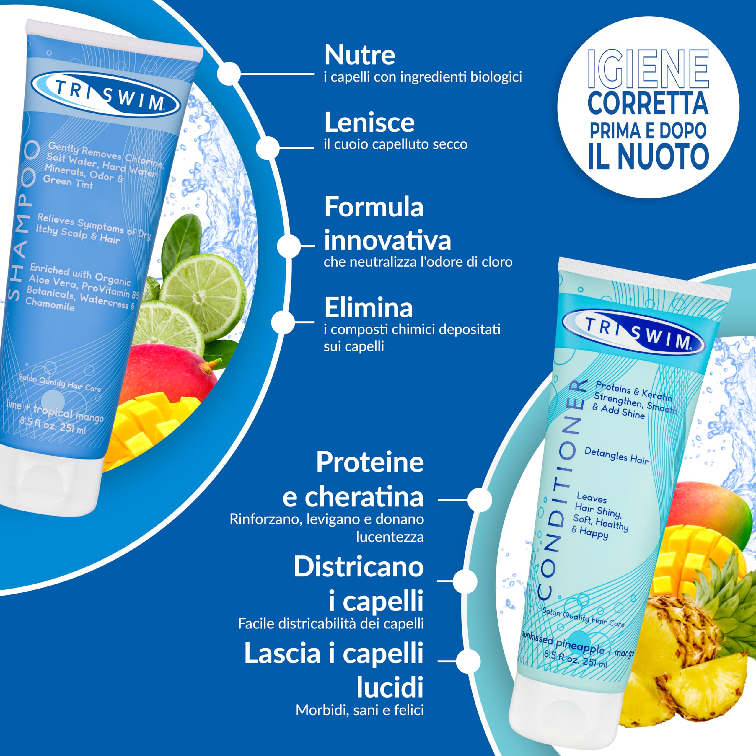 TRISWIM - Pacchetto per la Cura dei Capelli per la Rimozione del Cloro, Shampoo Idratante Per la Rimozione Cloro, Balsamo Capelli Per Nuotatori, Trattamento Anti Cloro per Nuotatori (251+251ml)