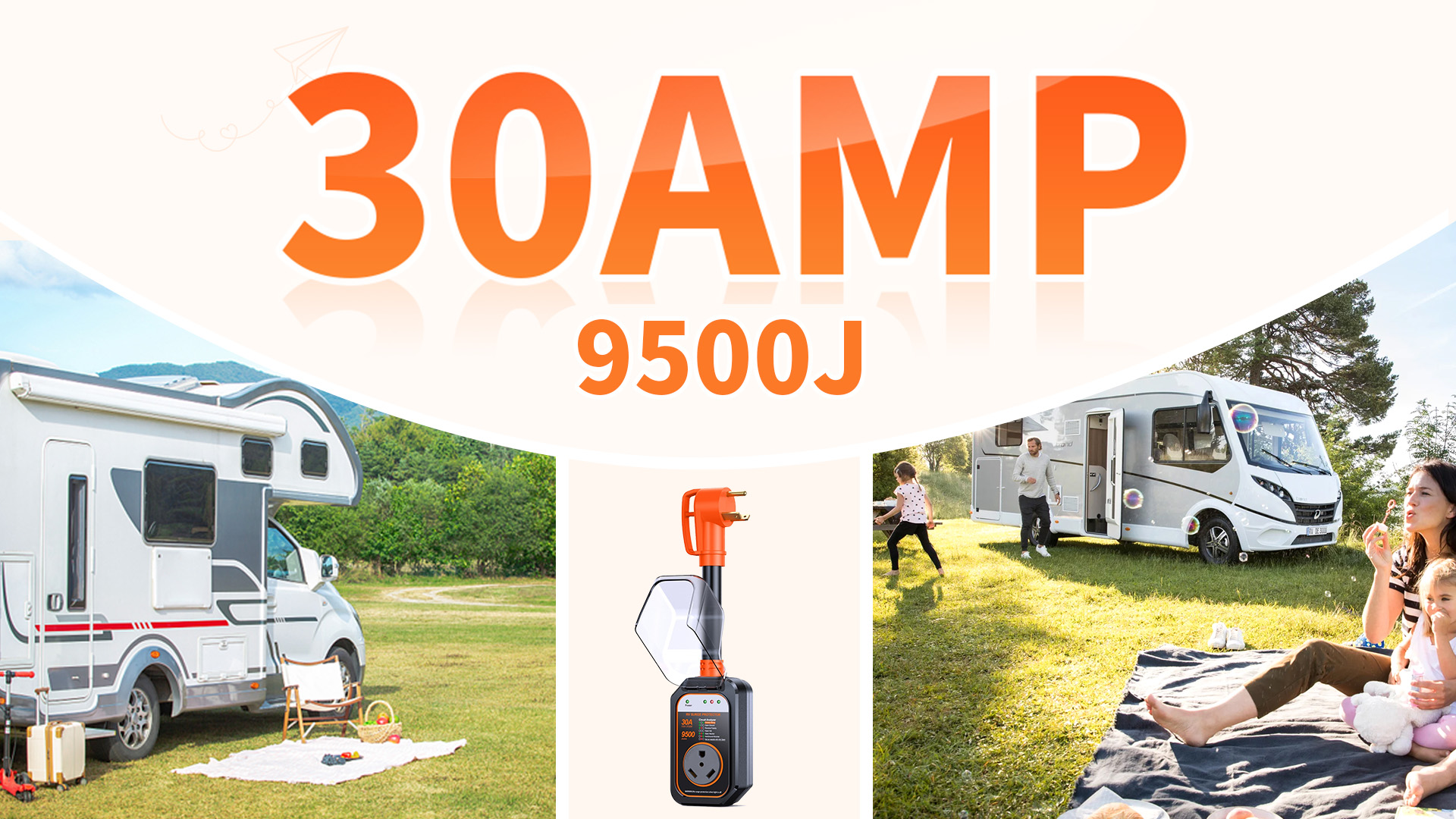 Image of GEARGO RV Surge Protector 30 Amp, 9500 Joules RV Circuit Analyzer, IP68 Surge Voltage Protection, RV Adapter Plug for Camper (Orange)