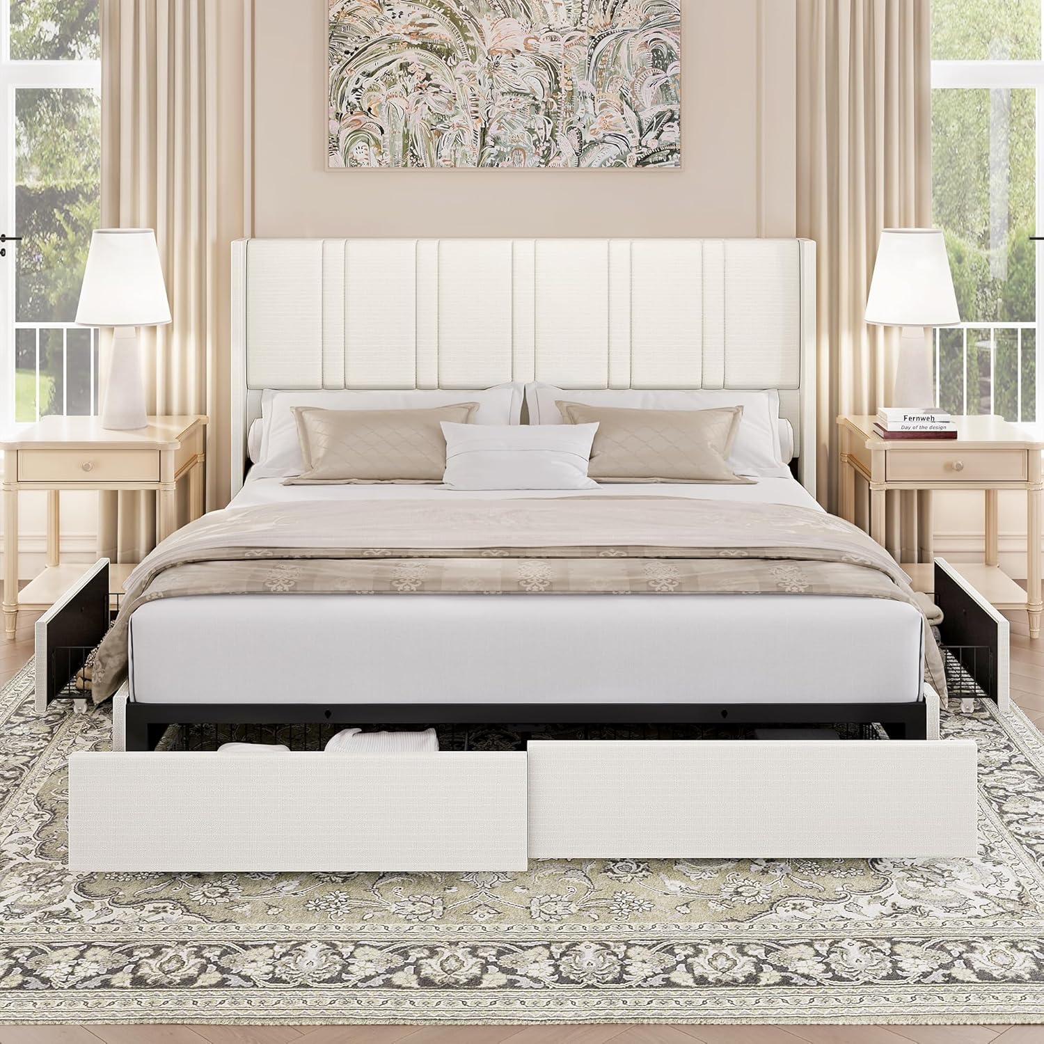 King Size Bed Frame with 4 Storage Drawers Linen Upholstered Platform Bed with Wingback Headboard, No Box Spring Needed, Easy Assembly, White
