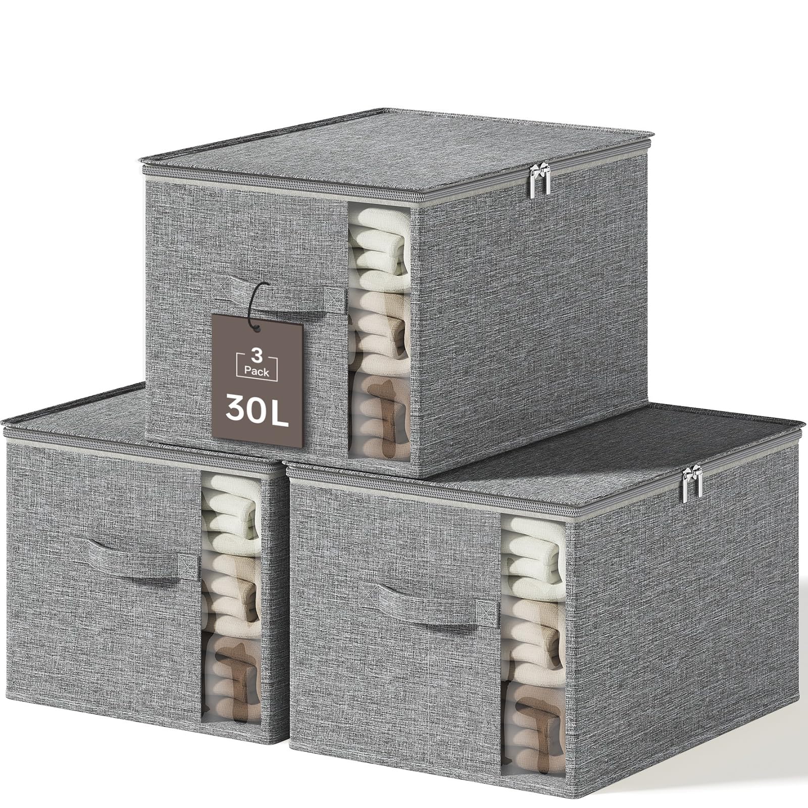 Clothes Storage Bins with Sturdy Frames, Foldable Fabric Clothing Organizer Box for Moving, Sweater Storage Cube with Lids and Zipper, Linen Closet Storage Bags for Blankets, Clothes, Sheet