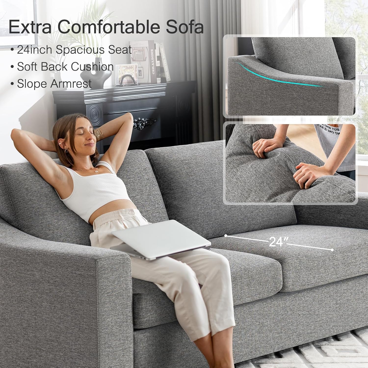 ELUCHANG 85" Modern Sofa Couches for Living Room, 3 Seater Natural Linen Sofa with Extra Deep Seats,Upholstered Cushion&Detachable Cover,Comfy Couch for Small Space,Apartment,Dark Grey,2PCS | Easy to assemble, Breathable material, Extra deep seat, Easy to clean, Pet friendly