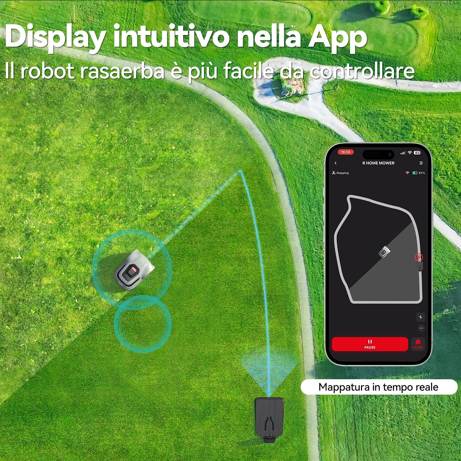 MGC1000 Robot Cortacesped, Precisión decimétrica C-TOF, Detección de Rotura de Cable, Ángulo Máximo de Escalada de 24°, Elevación automática de la Hoja, para Espacios de Patio de hasta 1000M²