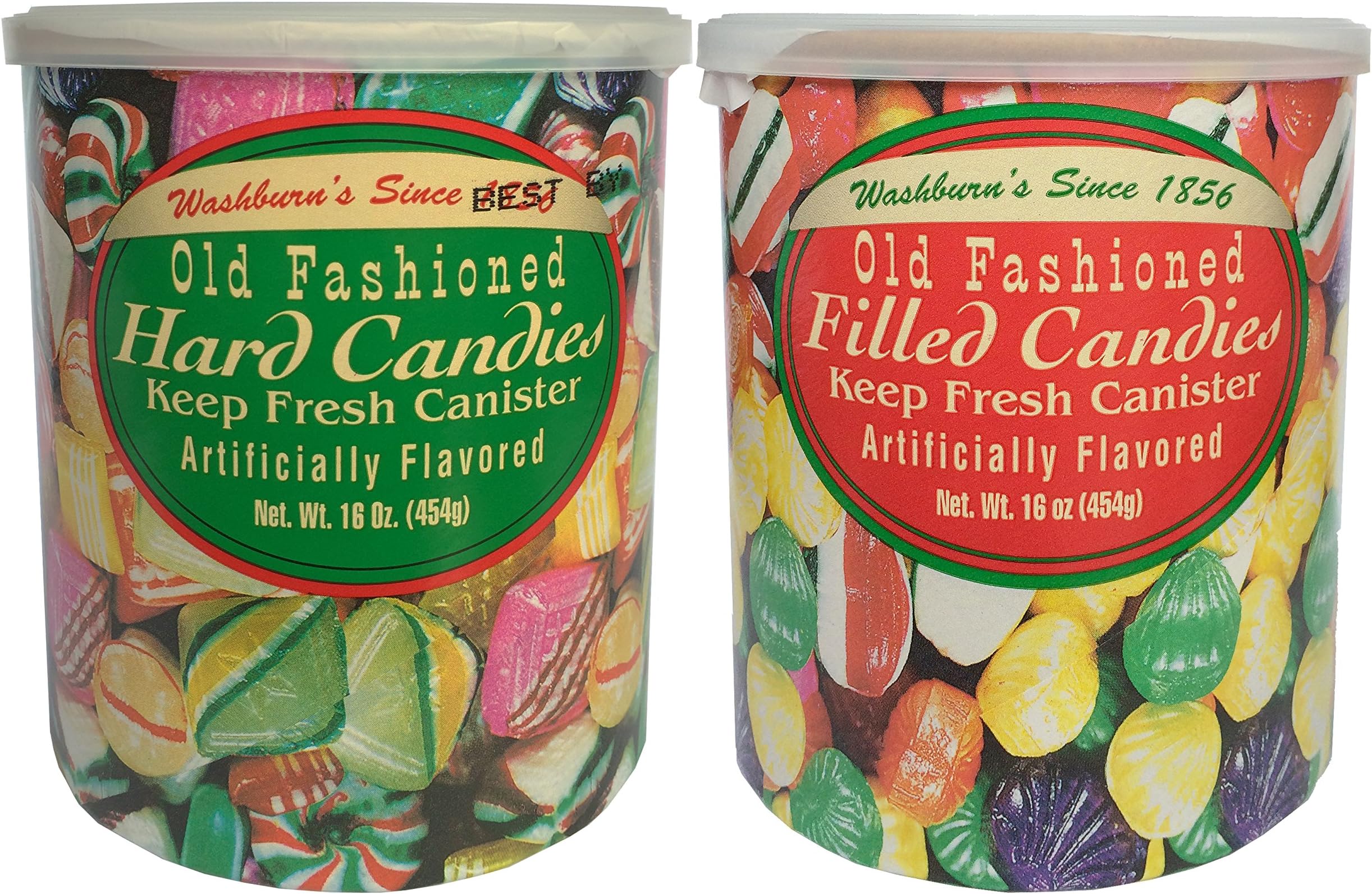Washburn Old Fashioned Hard Candies and Filled Candies 16 Oz. Each (2 Canister Bundle)
