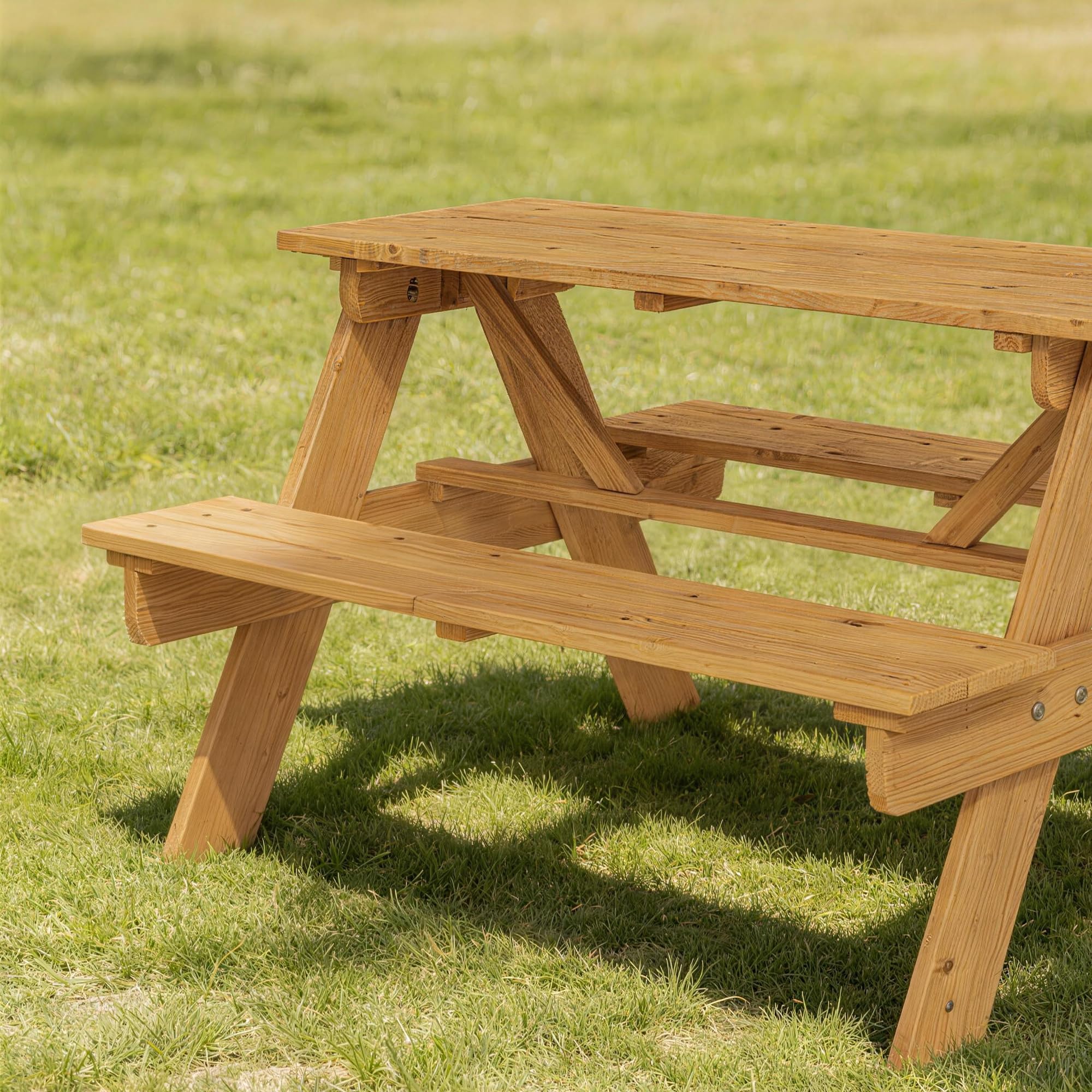 AIYAPLAY Ensemble Salon de Jardin extérieur Enfant, Table Pique-Nique Enfant avec bancs, Cadre en Bois Massif, pour Jardin, pelouse, Camping, Bois Naturel