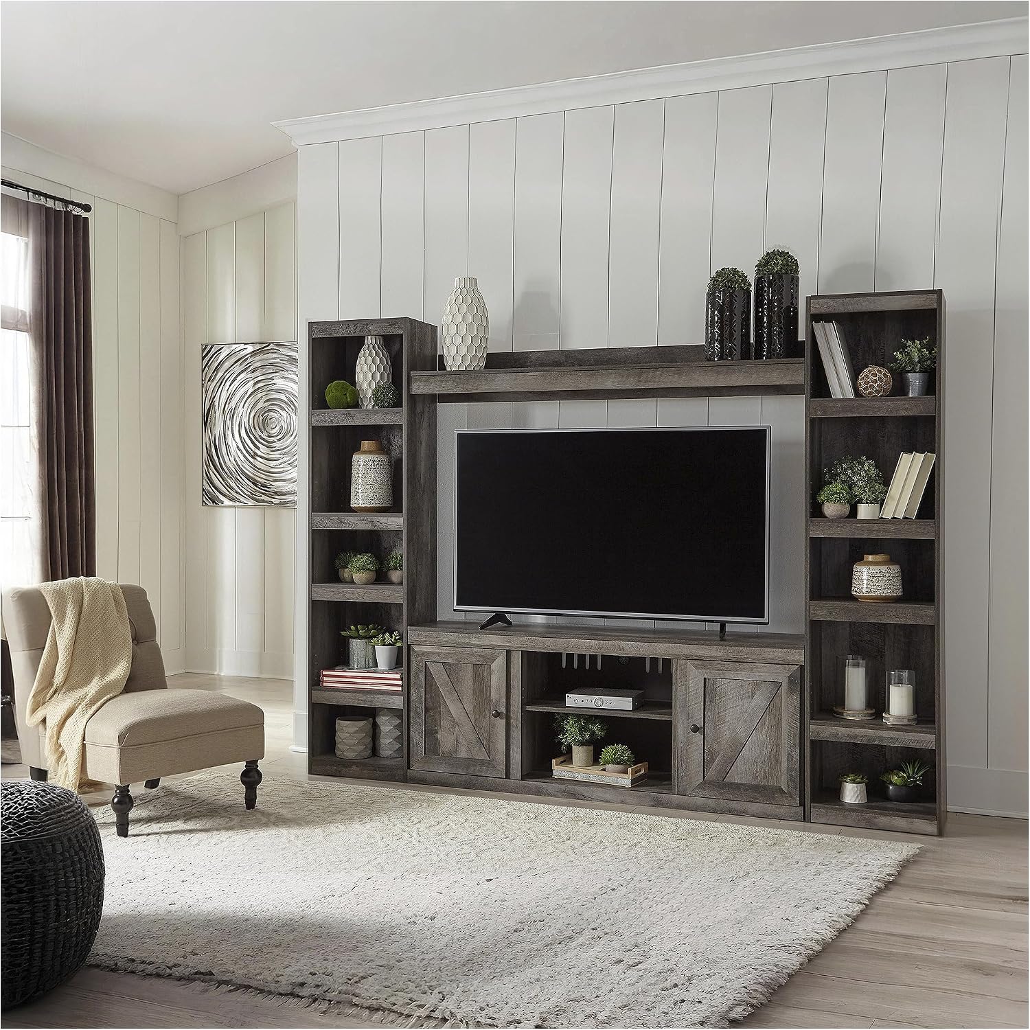 BOWERY HILL Engineered Wood Pier, 72 in Tall, Rustic Gray Planked Finish with Oak Grain, 4 Shelves, Adjustable Modern Minimalist Bookcase for Living Room or Home Office Storage