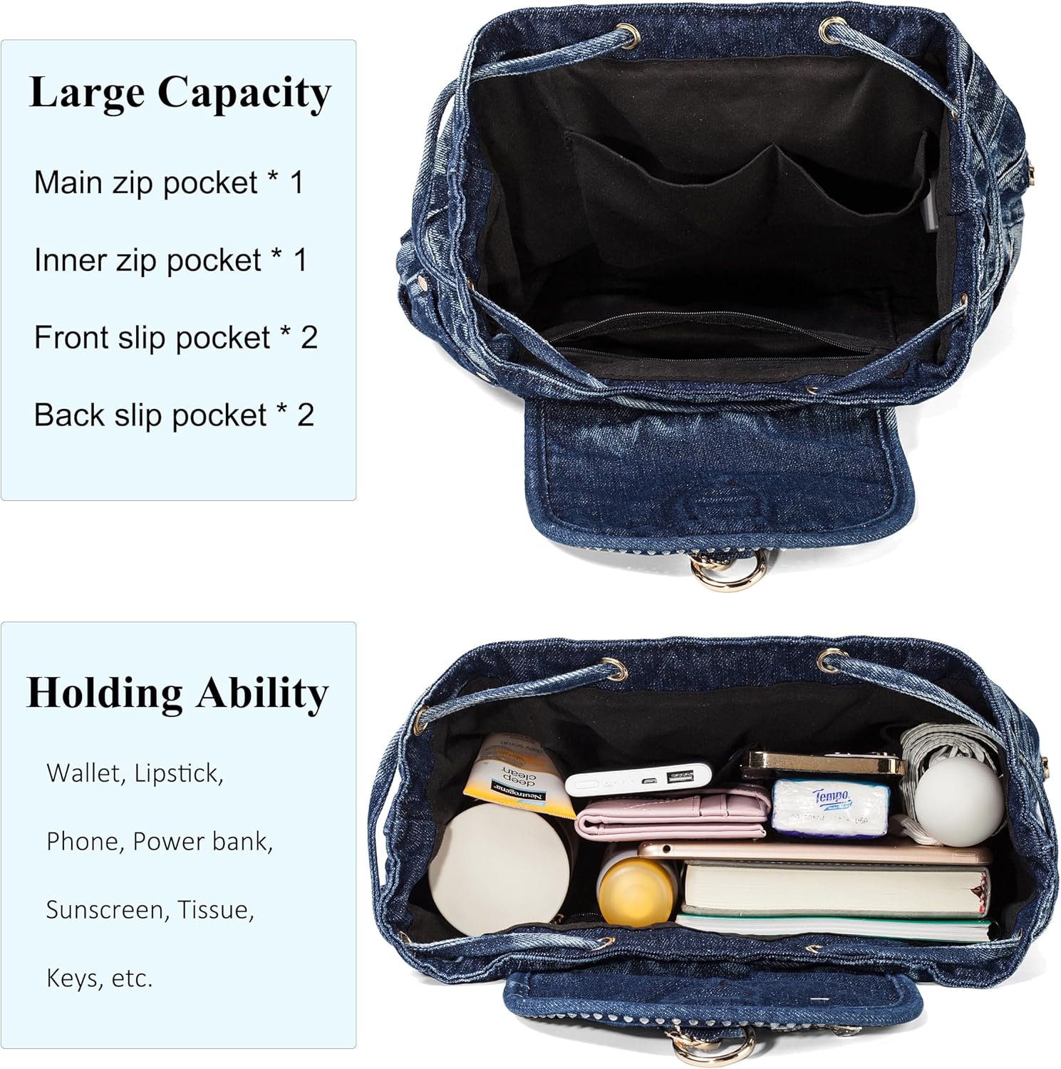 Fashion Denim Backpack Purse for Women Jean Bags With Rhinestones Decorations Casual Daypacks (With Beach Sandals Blue) - Image 4