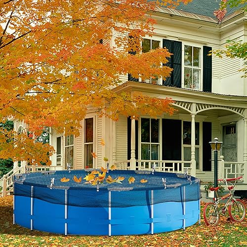 Miniatura 7 de Adnee Cubierta redonda de red de hojas de piscina de 21 pies, red de seguridad para piscina con 12 clips para cubierta de piscina, cubierta de malla