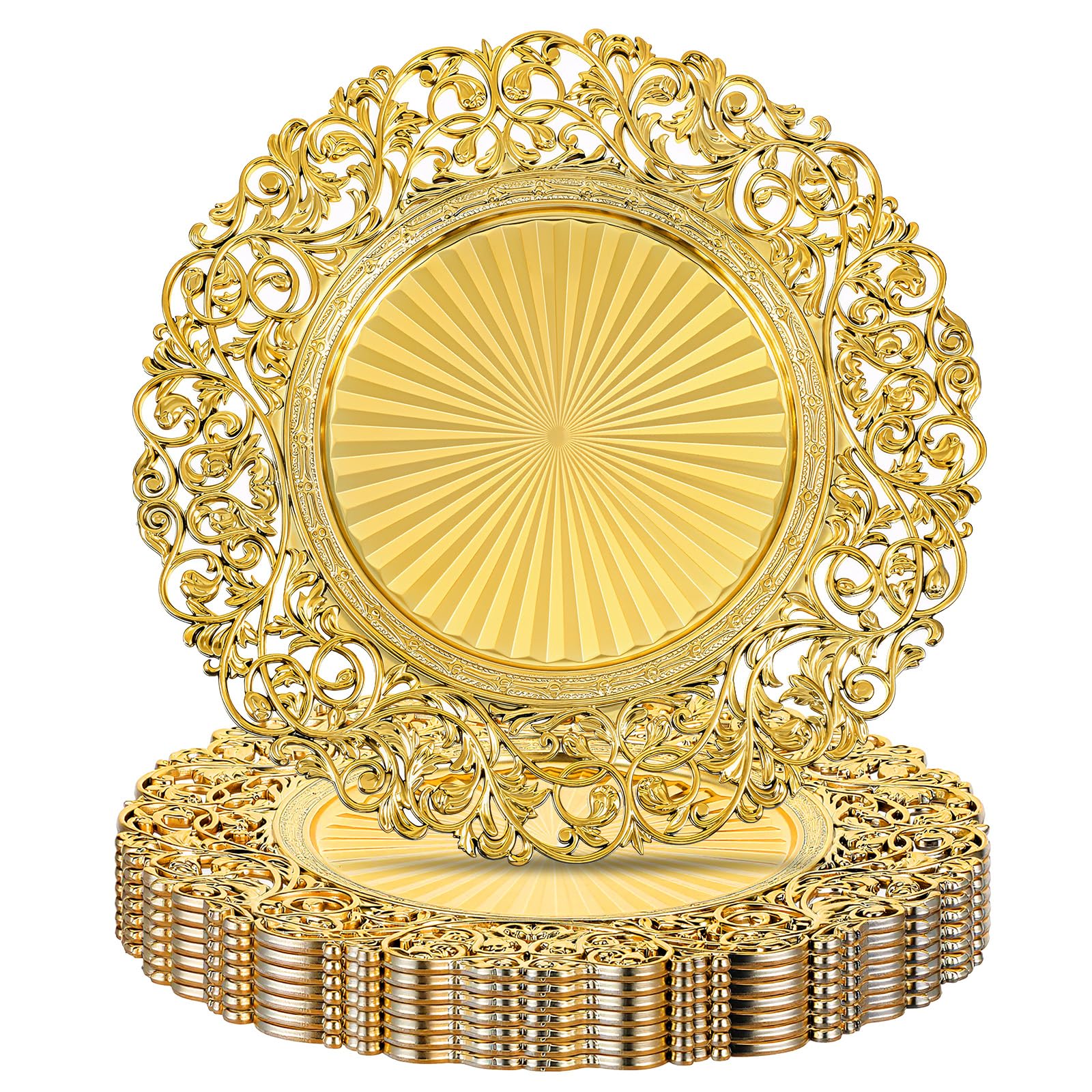 Photo 1 of MAQUITA 8 Pcs Antique Gold Charger Plates, 13" Round Plastic Dinner Chargers, Decorative Hollowed Out Flowers Serving Plates for Dinner, Wedding, Table Setting, Elegant Tableware Decor