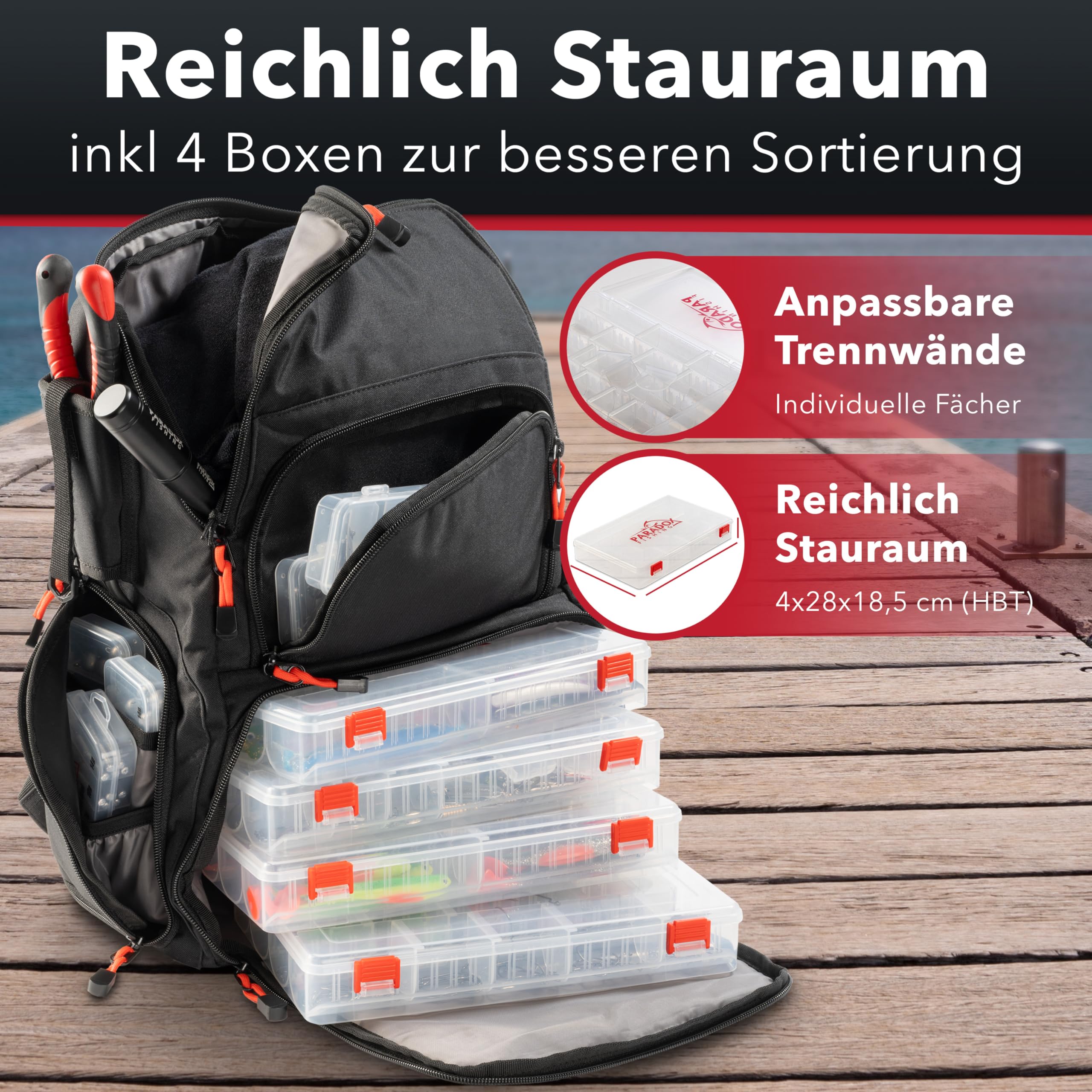 Paradox Fishing Zaino da pesca con scatole, con 4 scatole, impermeabile, con custodia da pesca