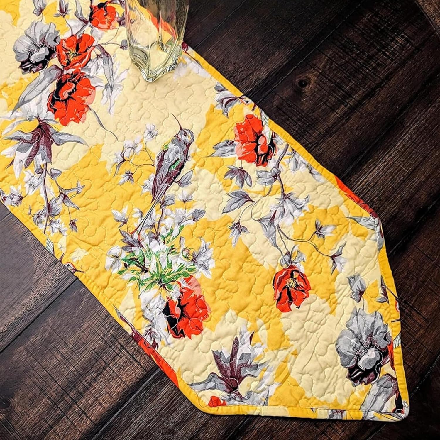 DaDa Bedding Quilted Golden Yellow Floral Table Runner - Radiant Sunshine Spring Hummingbirds Elegant Colorful Red Poppy Flowers Napery - Vintage Farmhouse Dining Table Mats Home Décor - 13" x 90"