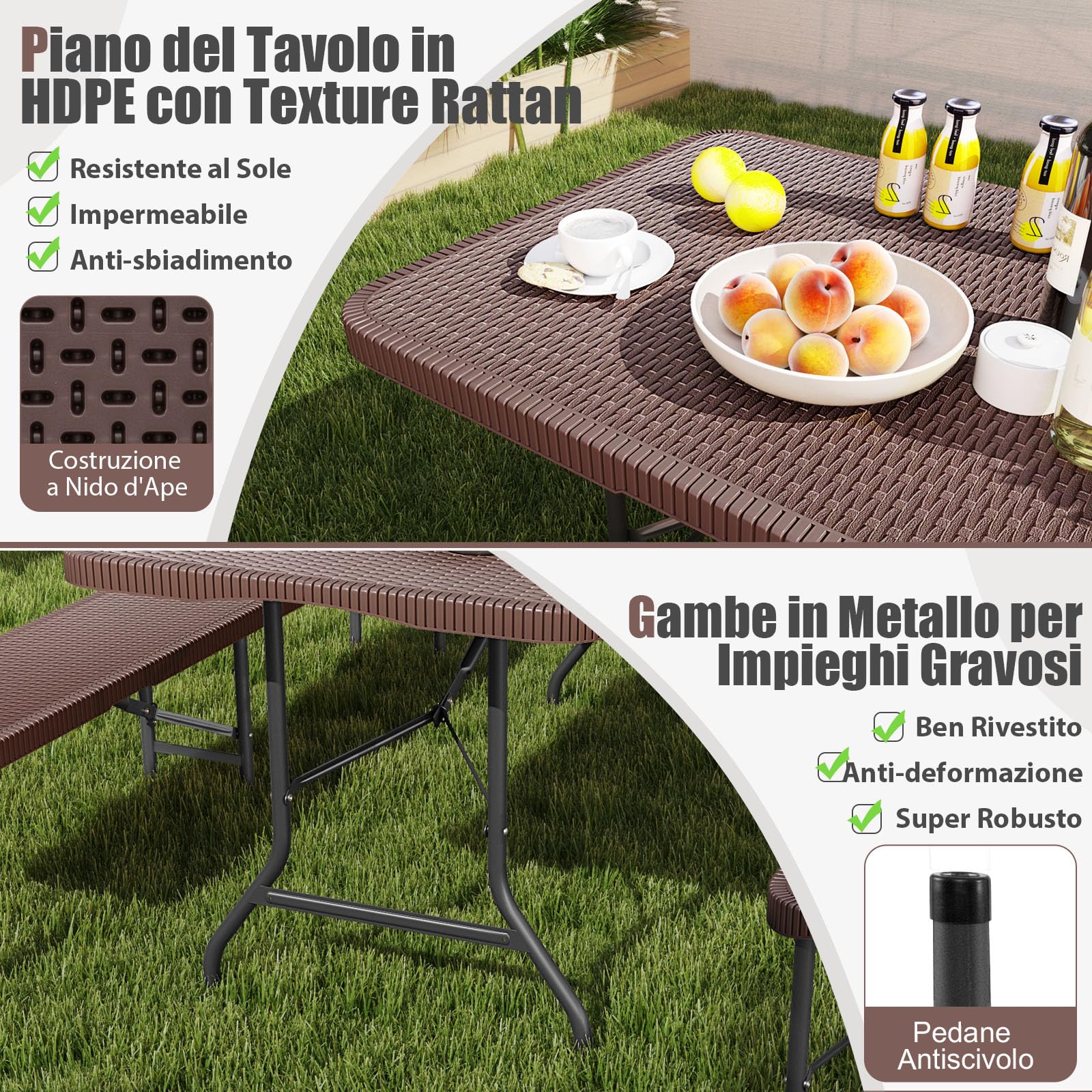 COSTWAY Tavolo da Picnic Pieghevole 180 cm, Tavolo Portatile in HDPE, per Giardino Campeggio Festa, Portata 160 kg (Tavolo)