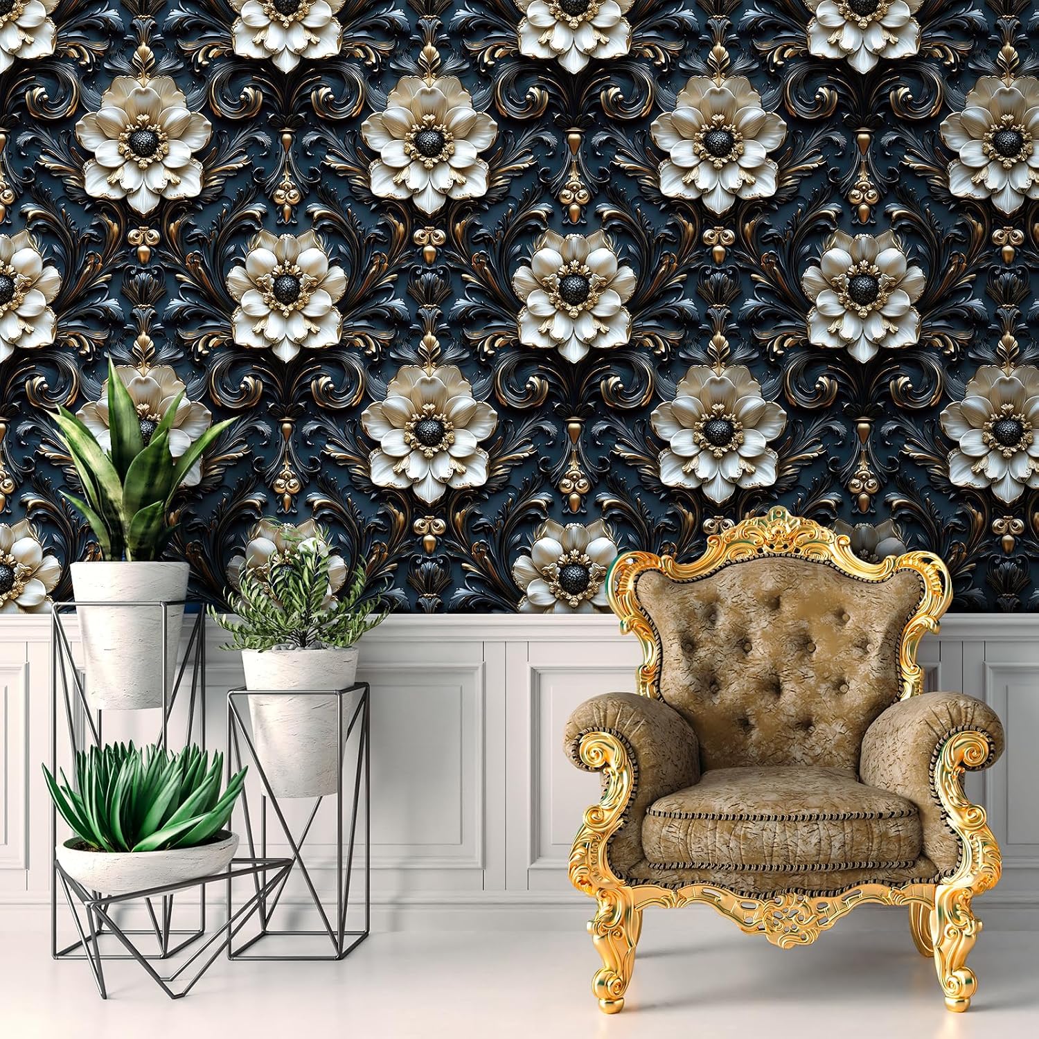 Western Wallpaper Peel and Stick Vintage Dark Blue White Gold Metallic Wallpaper Faux Embossed Baroque Accent Wall Paper Mural Self Adhesive Floral Contact Paper for Bathroom Cabinets 17.5"x80"