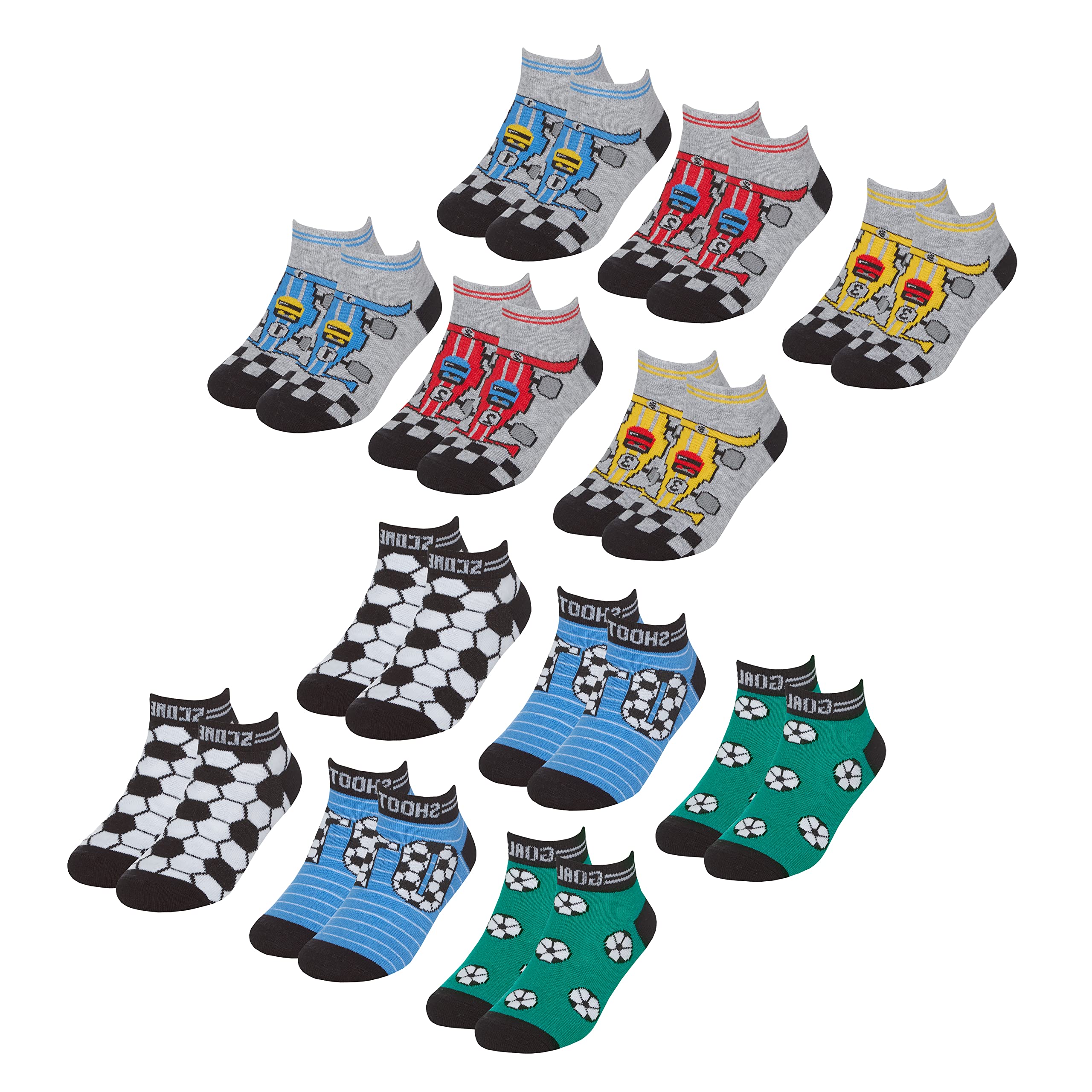 Metzuyan Boys 6 or 12 Pairs Trainer Liner Socks Cotton Rich Multipack Colourful 2 Pack Race Football 12.5-3.5