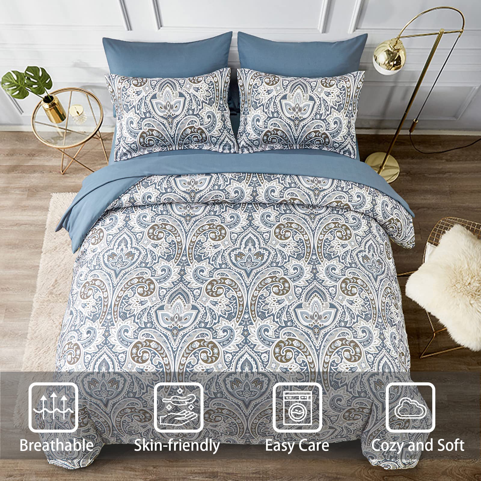 Blue Boho Comforter Set King, 7 Pieces Bed in A Bag Comforter Boho