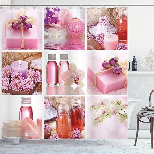 Miniatura 122 de Ambesonne Cortina de ducha amarilla, inspirada en pícnic, temática de los años 50, 60 y 70, estampado de lunares retro, juego de decoración de baño