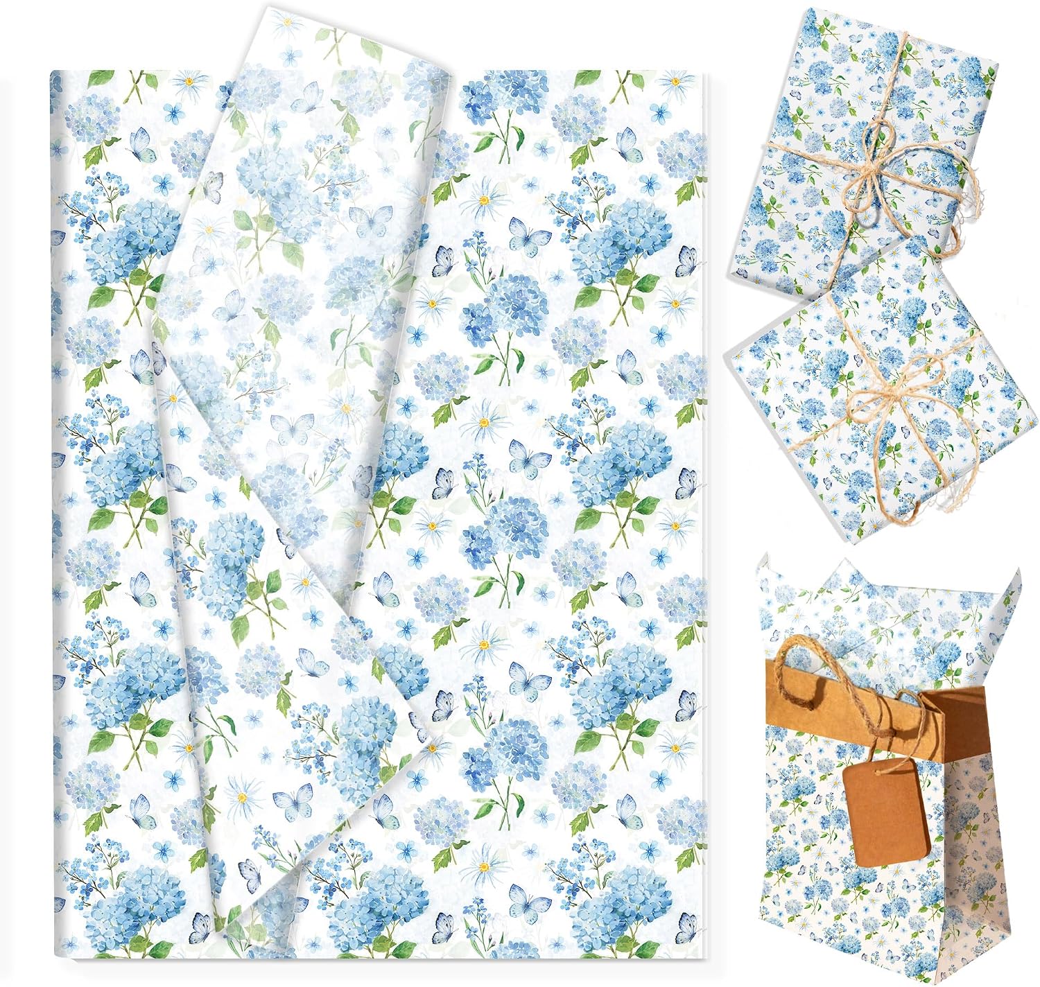 100Sheets Blue Hydrangea Flower Tissue Paper Hydrangea Butterfly Gifts Wrapping Paper DIY Art Wrap Tissue for Birthday Wedding Spring Party Decoration Supplies, 13.8 x 19.7 inches