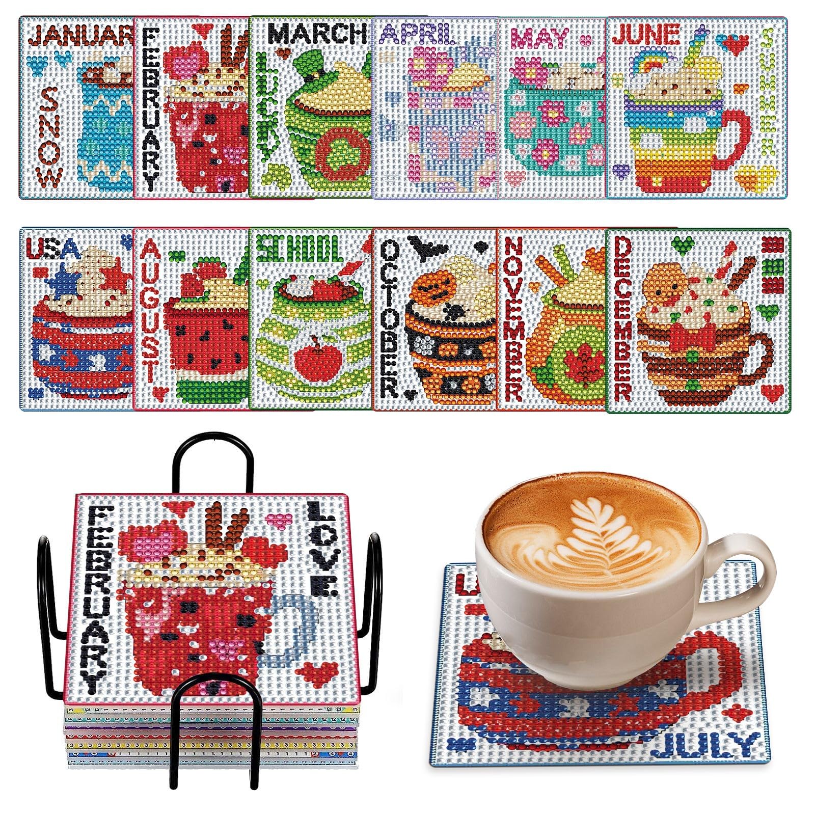 12Pcs Monthly Themed DIY Diamond Art Coasters Kit – Full Drill 5D Diamond Art Painting Coasters for Adults, 12-Month Life Theme with Cork Pad & Holder, Unique Home Décor Craft Set