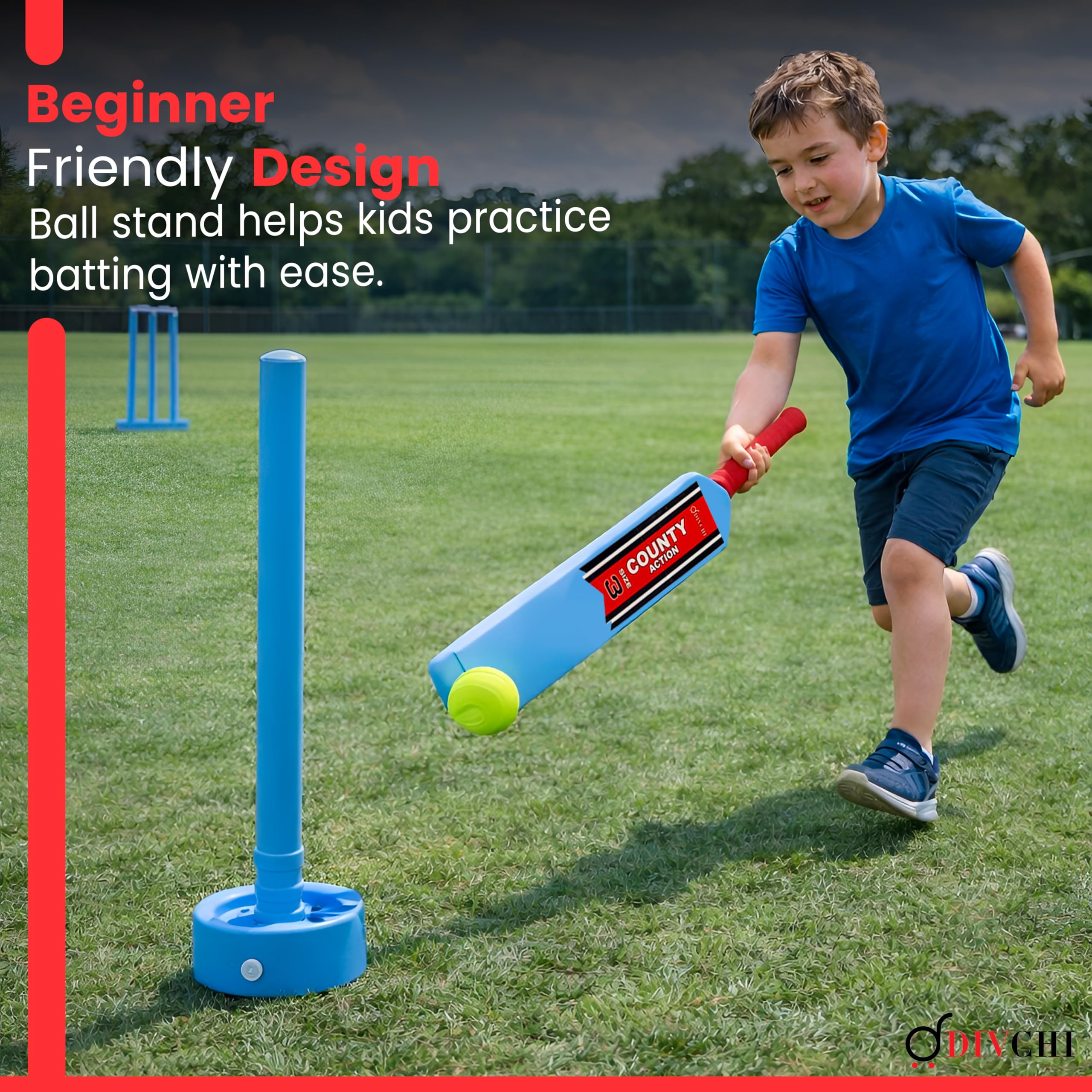 DIVCHI Kinder-Cricket-Set Größe 3 – Komplettes Kinder Set mit Kunststoffschläger Wickets Ballständer und -Tasche Ideal für Cricket-Spiele im Freien im Garten oder auf der Straße für Jungen und Mädchen